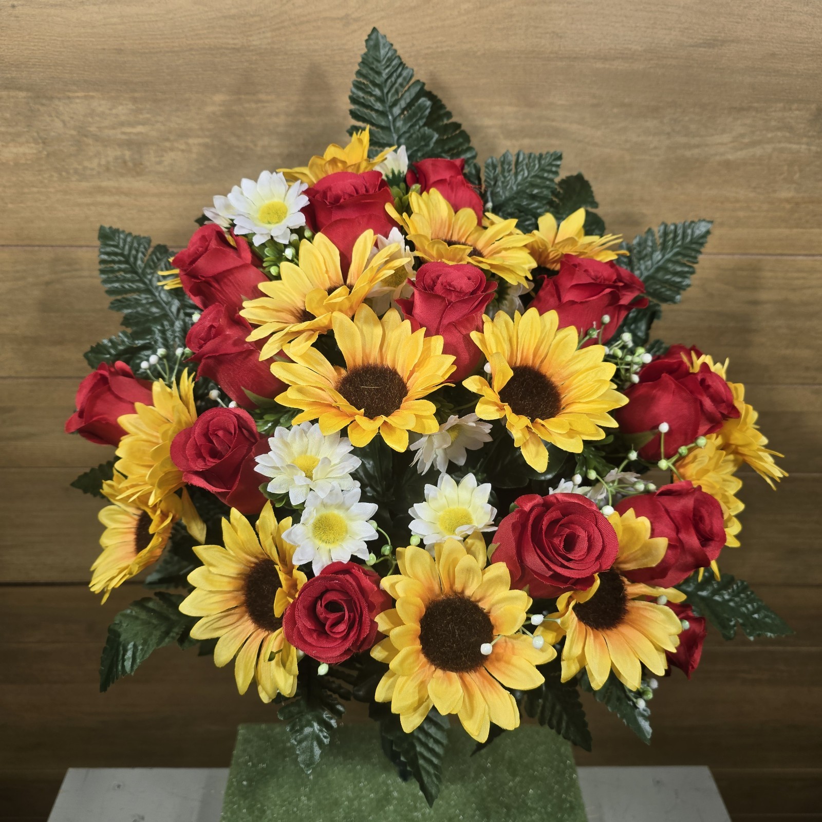 SUNFLOWER CEMETERY VASE MEMORIAL DECORATION WITH RED ROSEBUDS AND SUNFLOWERS