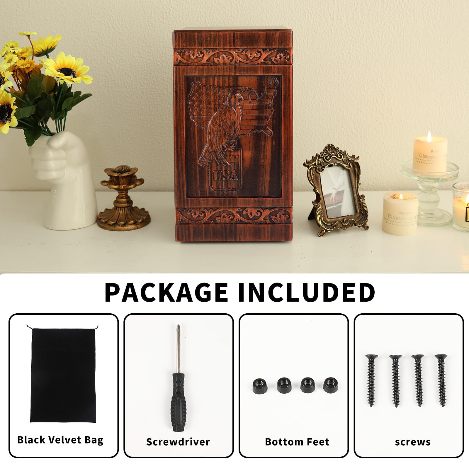 Eagle and American Flag Wooden Urn for Human Ashes Adult – Full Size 300 Cubi…