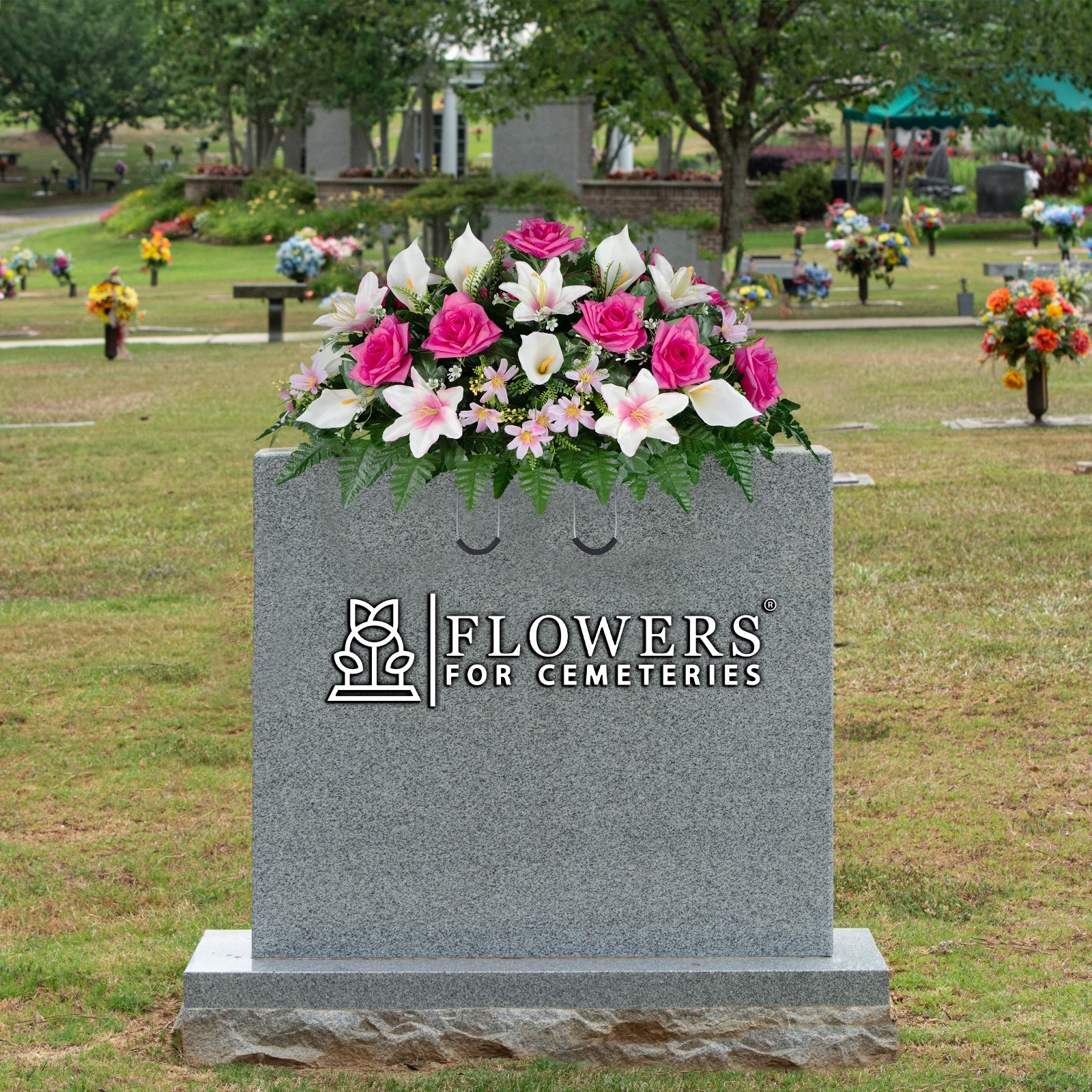 Artificial Headstone Saddle – Beauty Pink Roses, White Calla Lily and Lilies