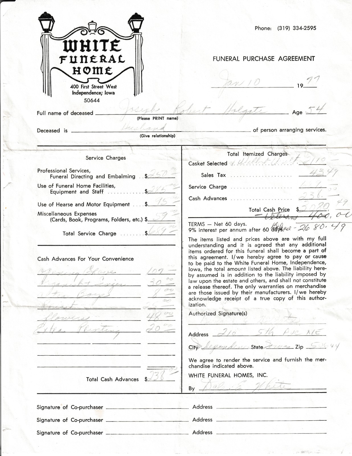 VINTAGE 1977 WHITE FUNERAL HOME CASKET SALE INDEPENDENCE IOWA ORIGINAL RECEIPT