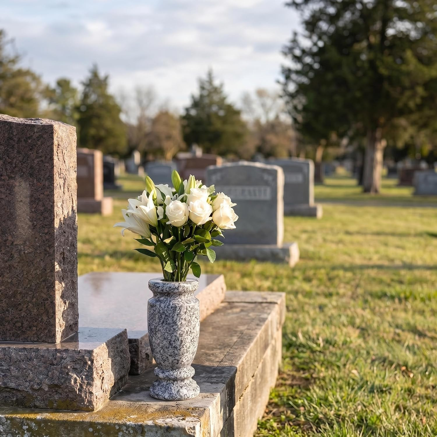Gray Granite Cemetery Vase for Grave, 4.3″ W X 9.8″ H | Gray Granite, Side Drain