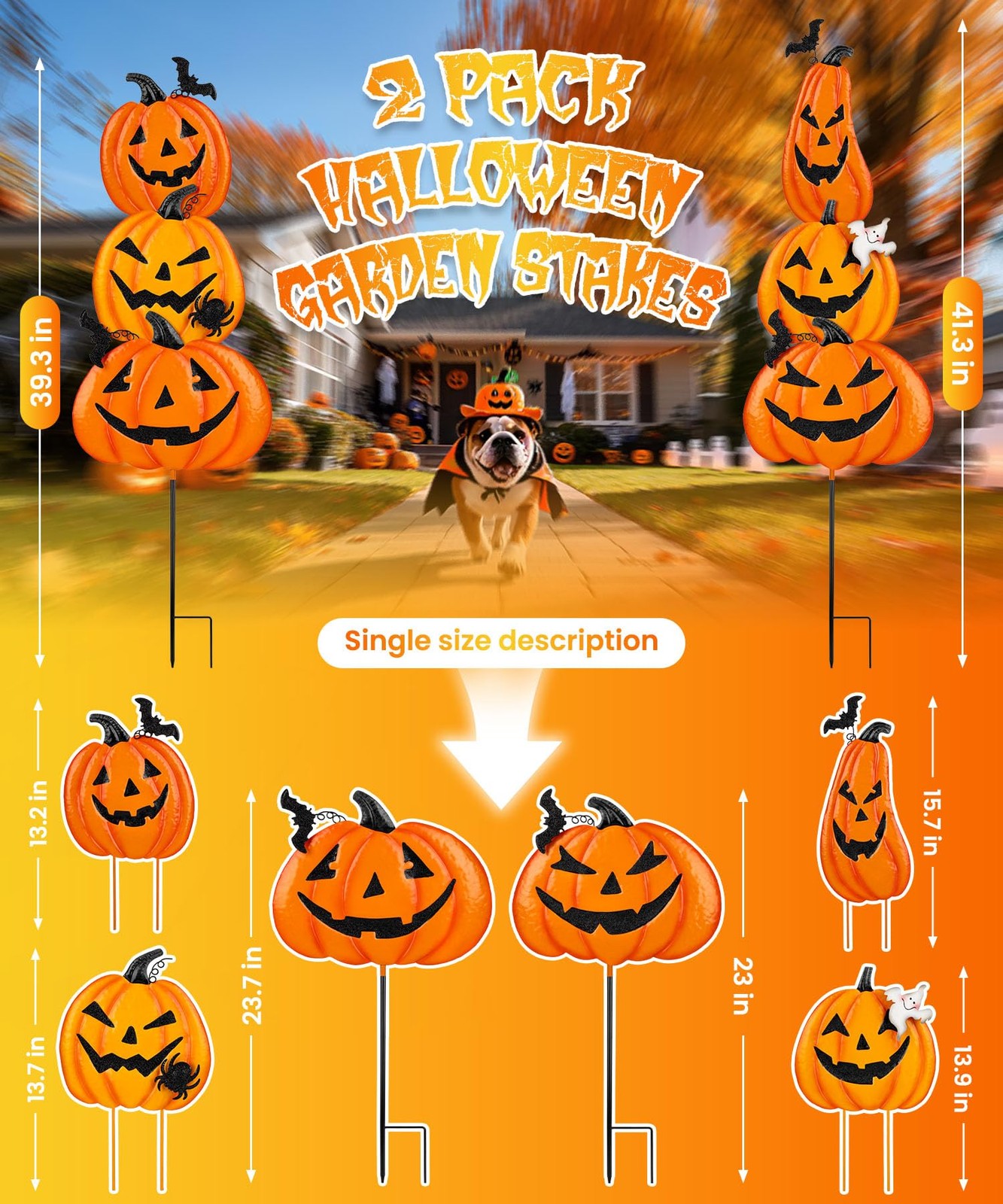 Halloween Garden Stakes 2 Pack Stacked Metal Pumpkins 39.3″ & 41.3″ – Outdoor
