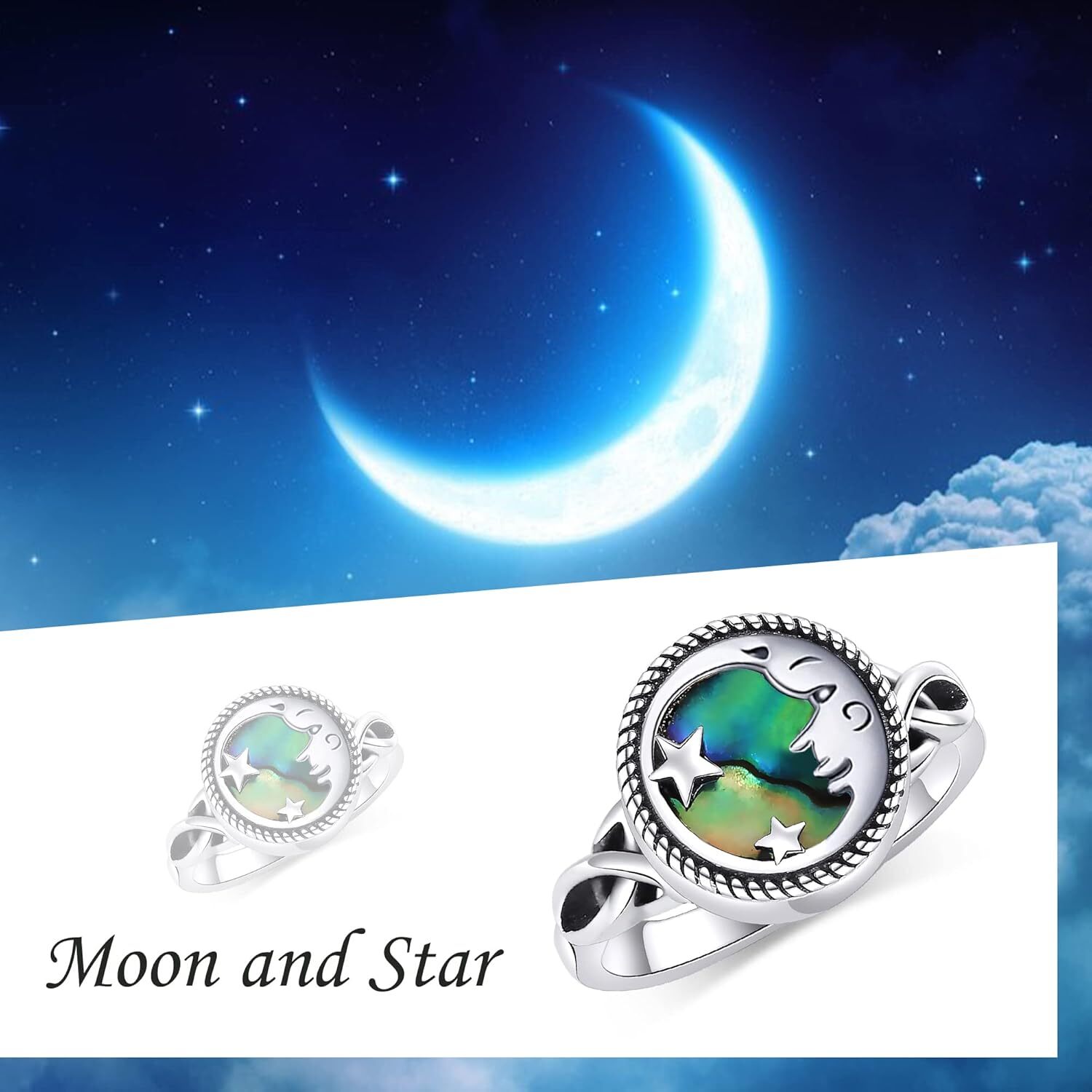 Moon Star Cremation Memorial Urn Ring for Ashes for Women Sterling Silver Size 7
