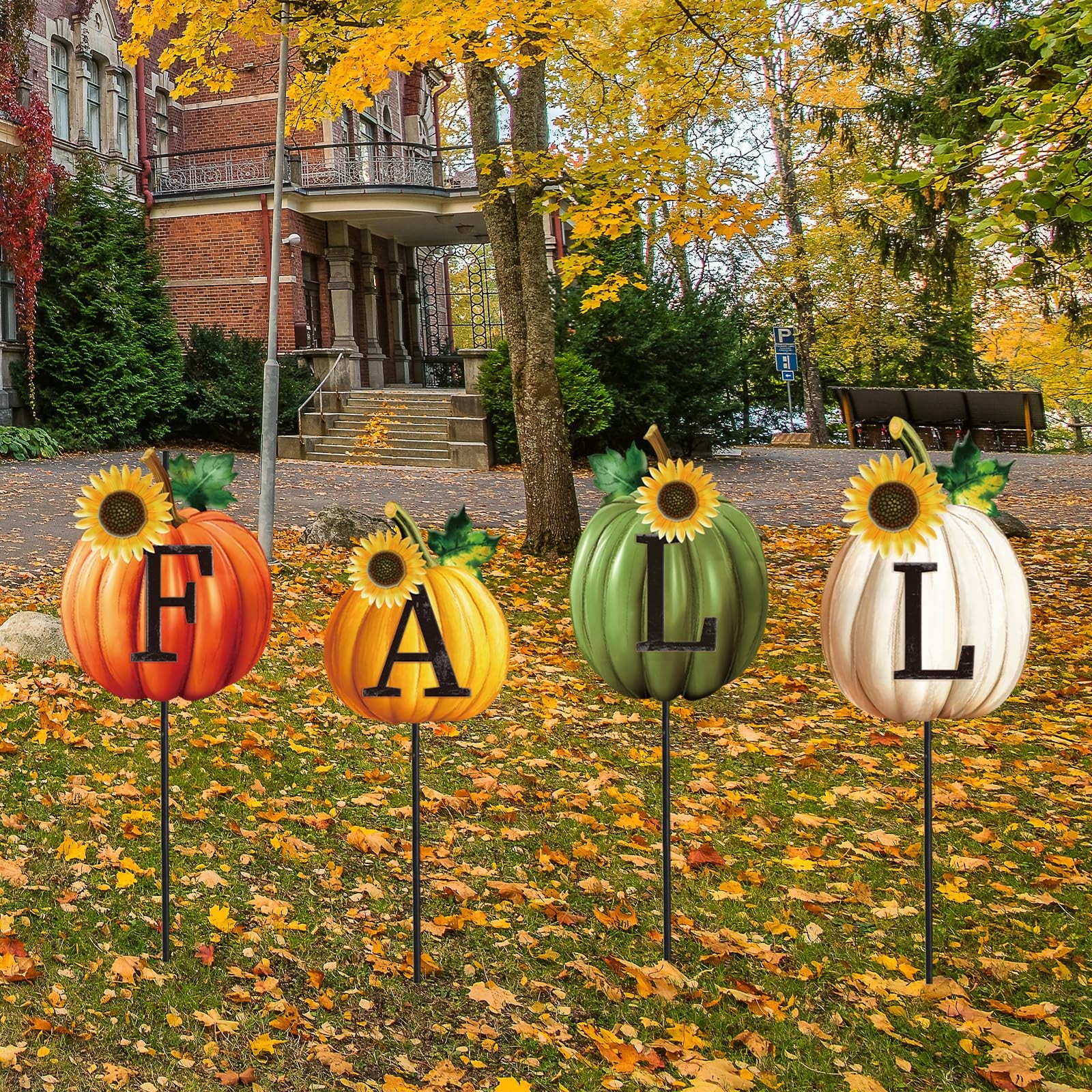 Set of 4 Thanksgiving Pumpkin Metal Garden Stakes Fall Pumpkin Decorative Law…