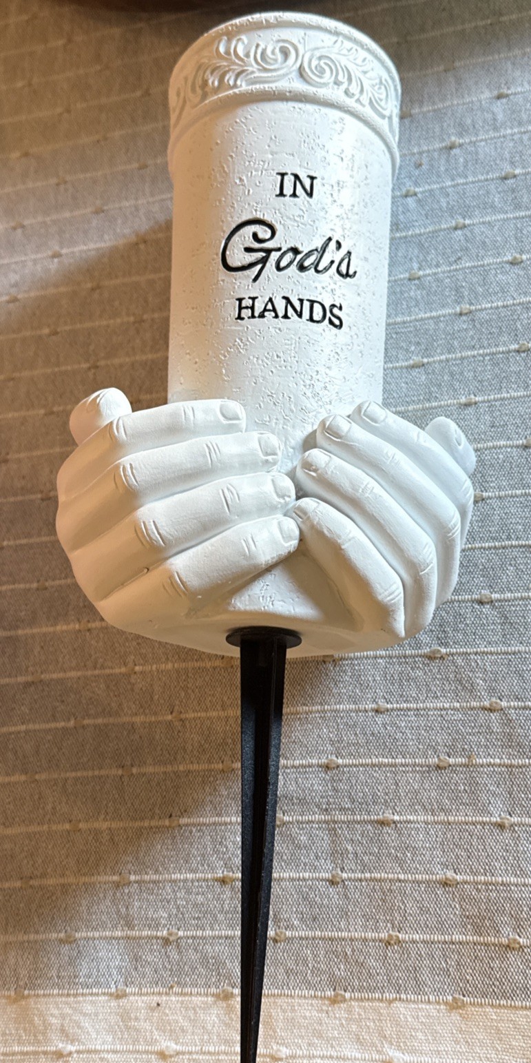 “In God’s Hands” Cemetery Vase W/Ground Stake Memorial Day Planter New w/o tags