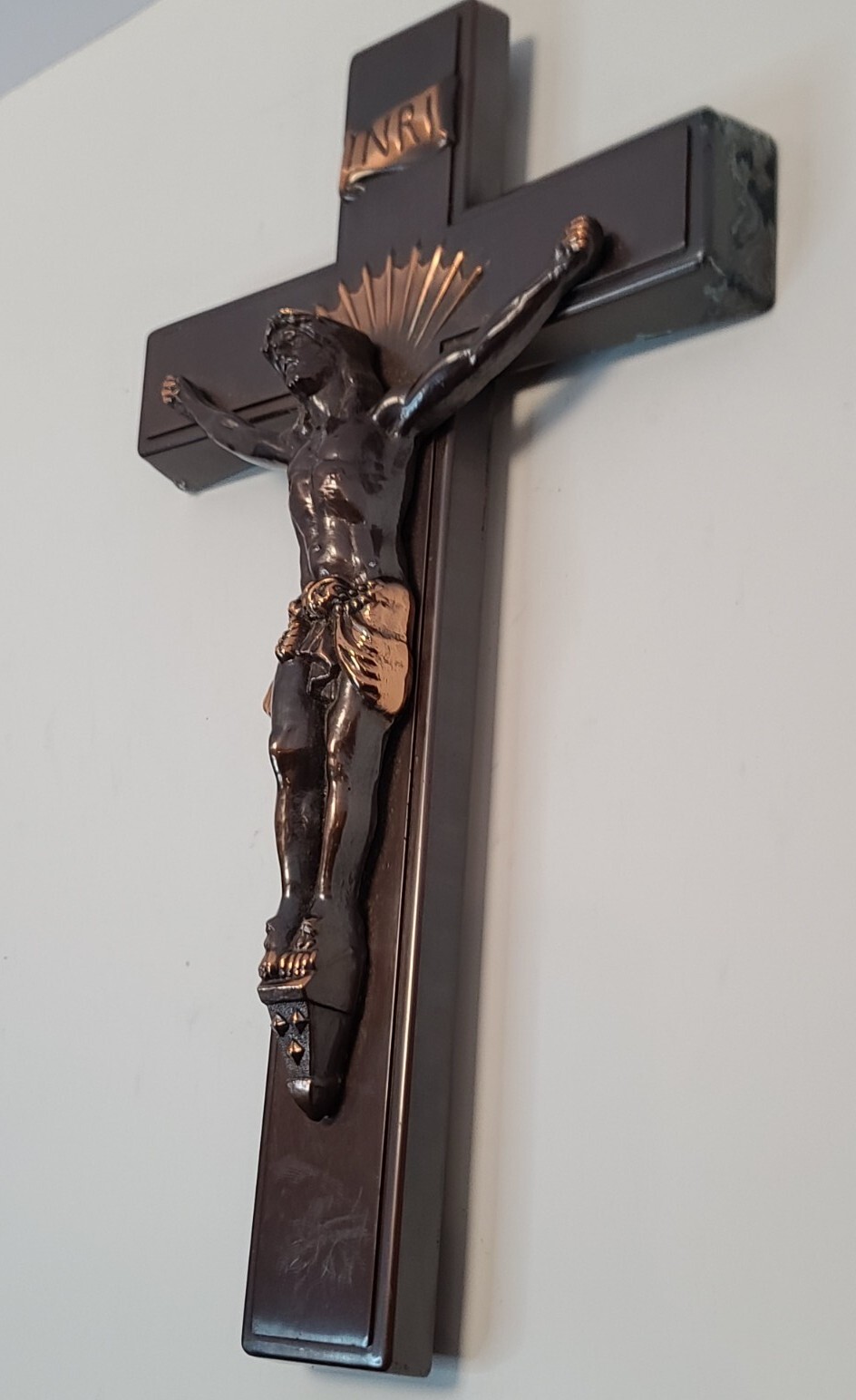 Antique 1920’s Art Deco Funeral Home Casket Coffin Bronze Finish Crucifix Cross