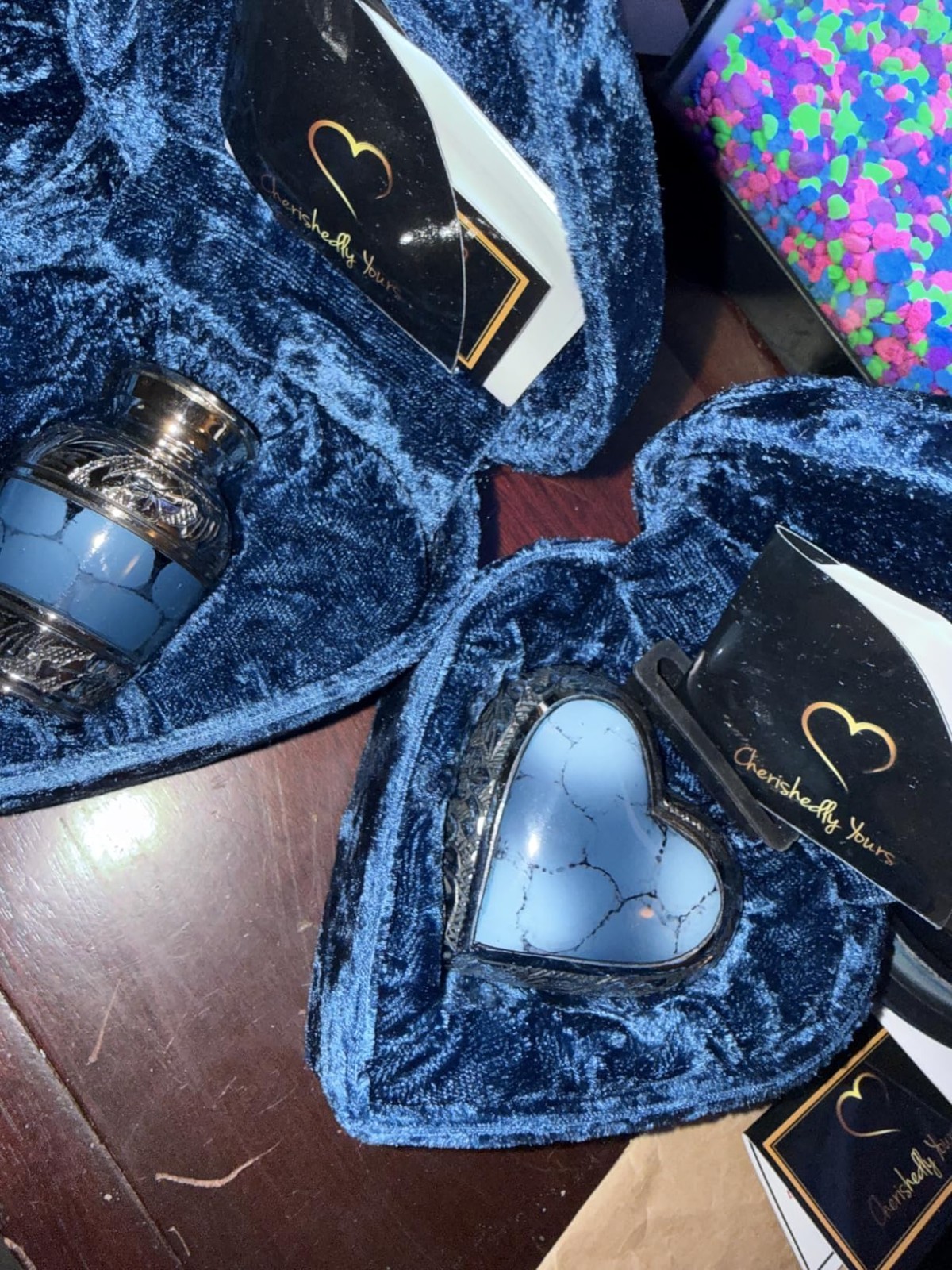 Mini Memorial Urn for Ashes: Elegant Blue Brass with Velvet Heart Case Included
