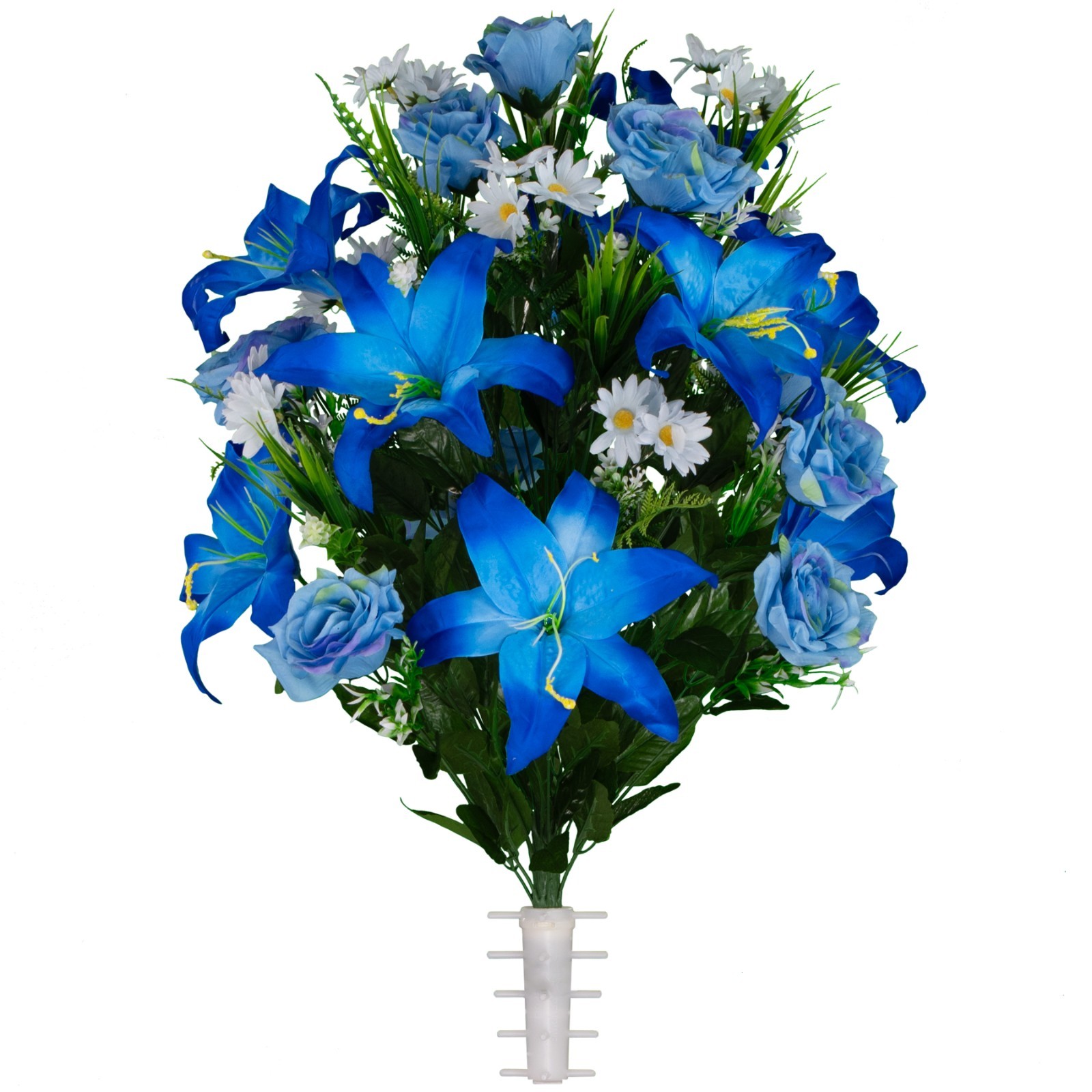 Artificial Gravesite Flowers – Blue Lily and Rose with White Daisies