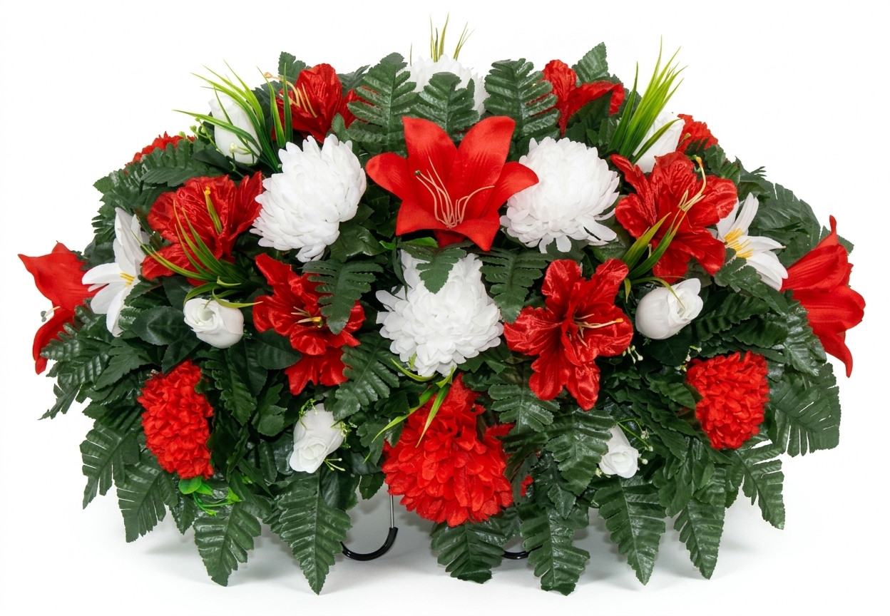 XL Cemetery Red and White Flower Arrangement-Cemetery Headstone Saddle