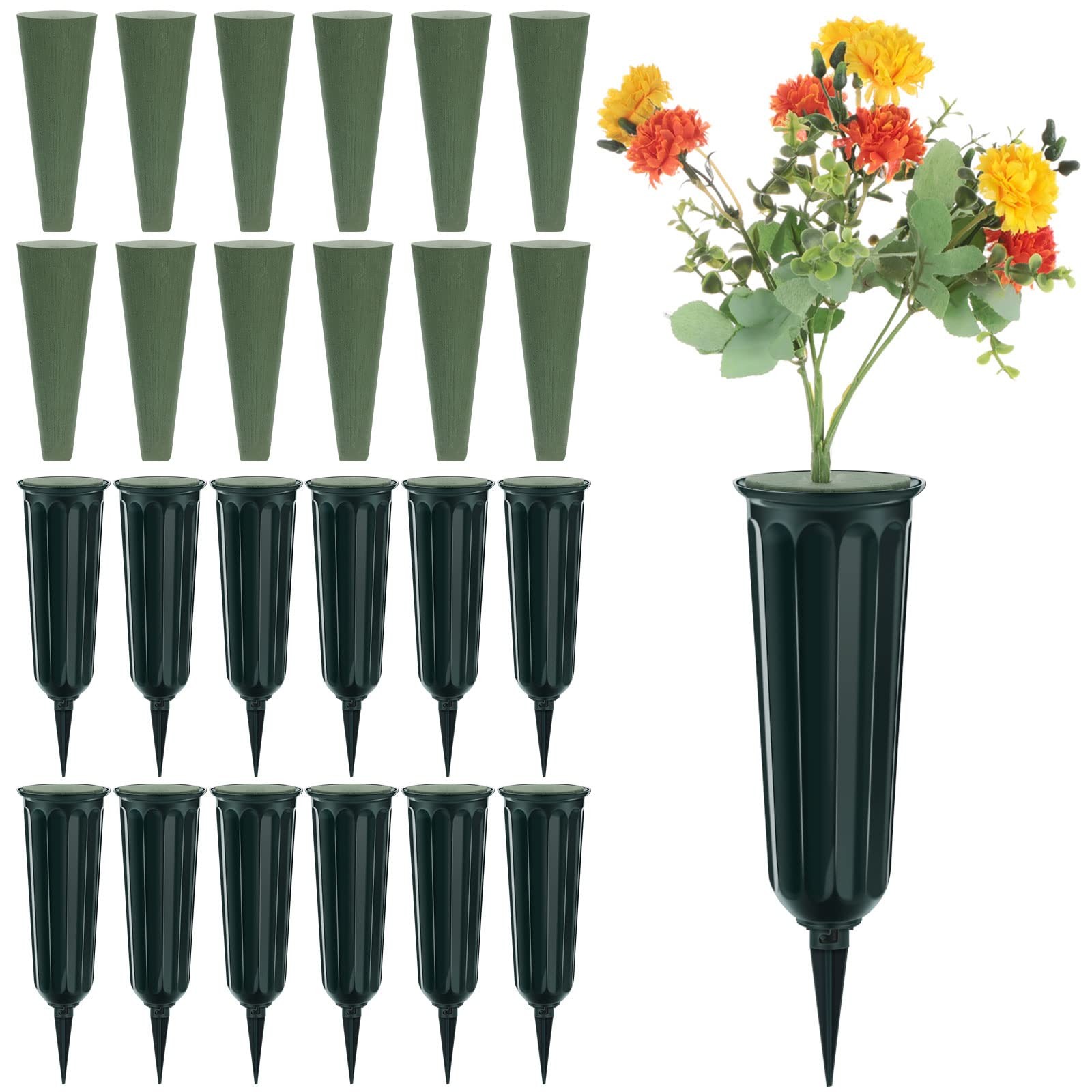 Cemetery Vases Ground Spikes Foam Inserts Memorial Grave Flower Cone 12 SETS
