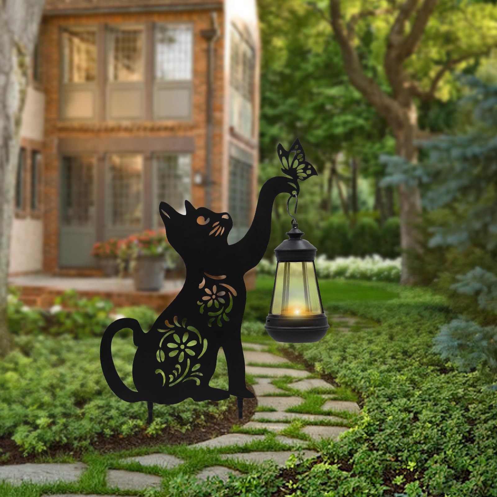 Black Cat Solar Light Outdoor Garden Decor – Metal Cat Holding Lantern Stake,…
