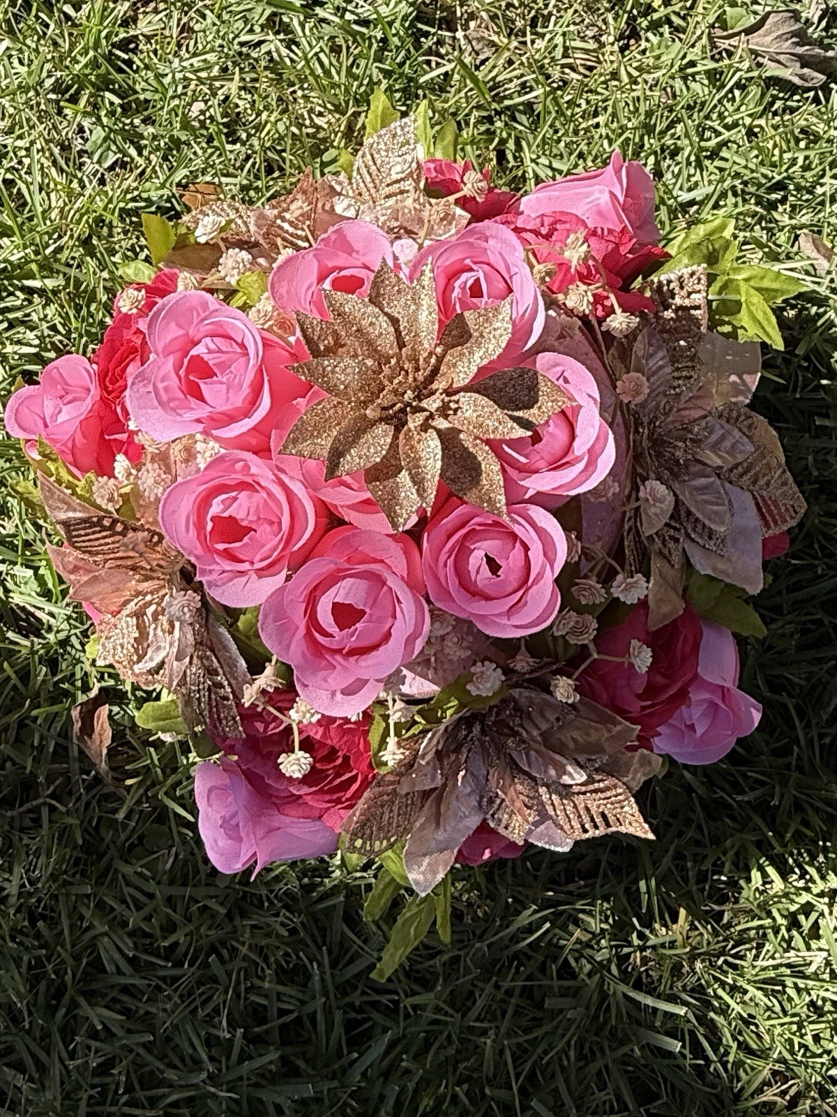 Cemetery Memorial Cake Silk Flower Arrangement Pink & Gold