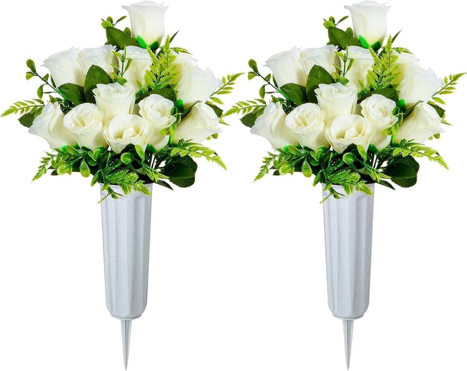 Commemorate Loved Ones with 2 Beautiful White Rose Bouquets and Vases for Graves
