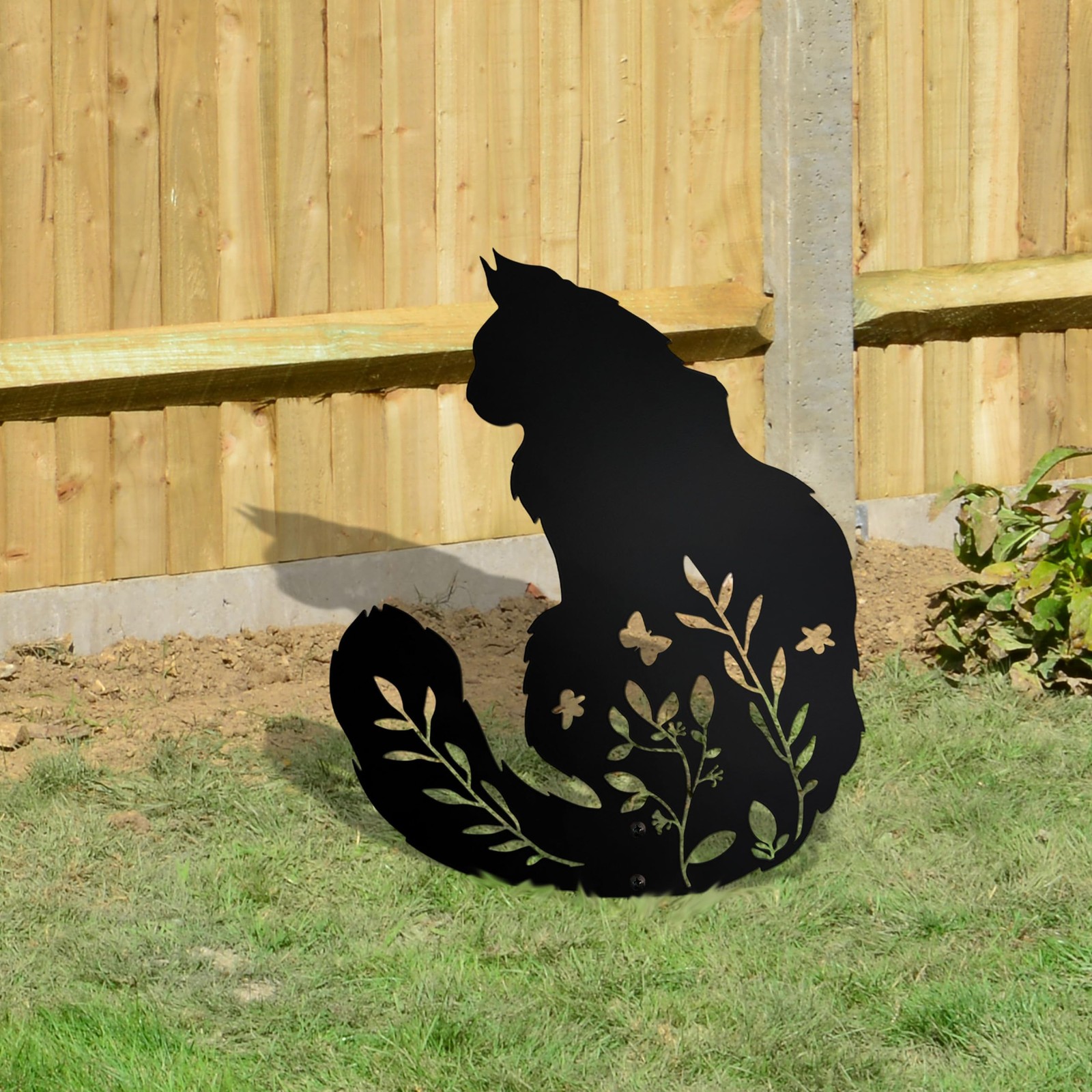 Maine Coon Cat Garden Stake – Elegant Black Cat Statue with Floral Design for…
