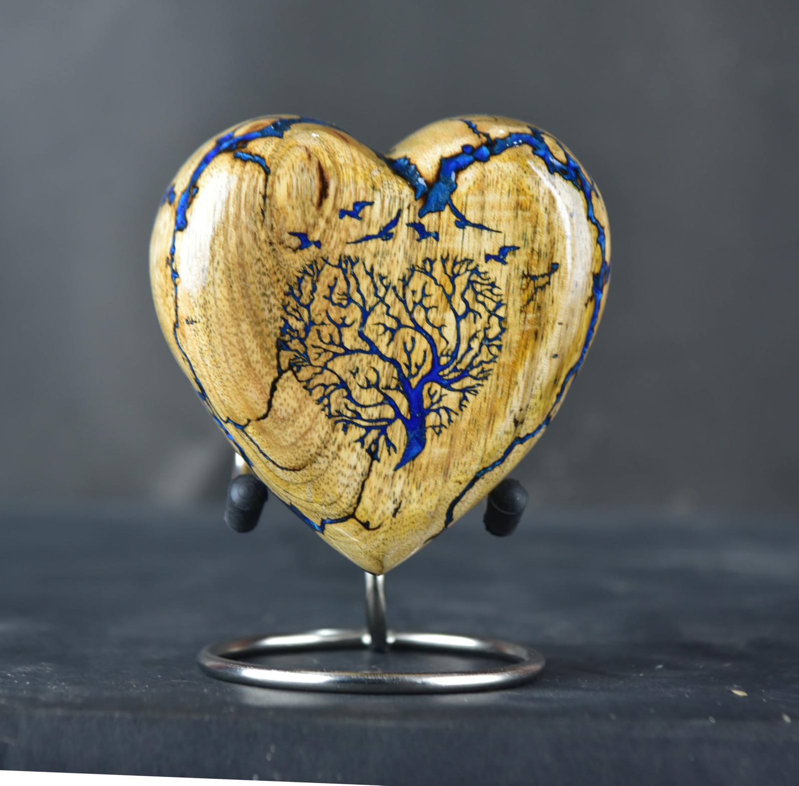Handmade Wooden Heart Keepsake Urn with Tree of Life & Blue Resin Inlay – Mem…
