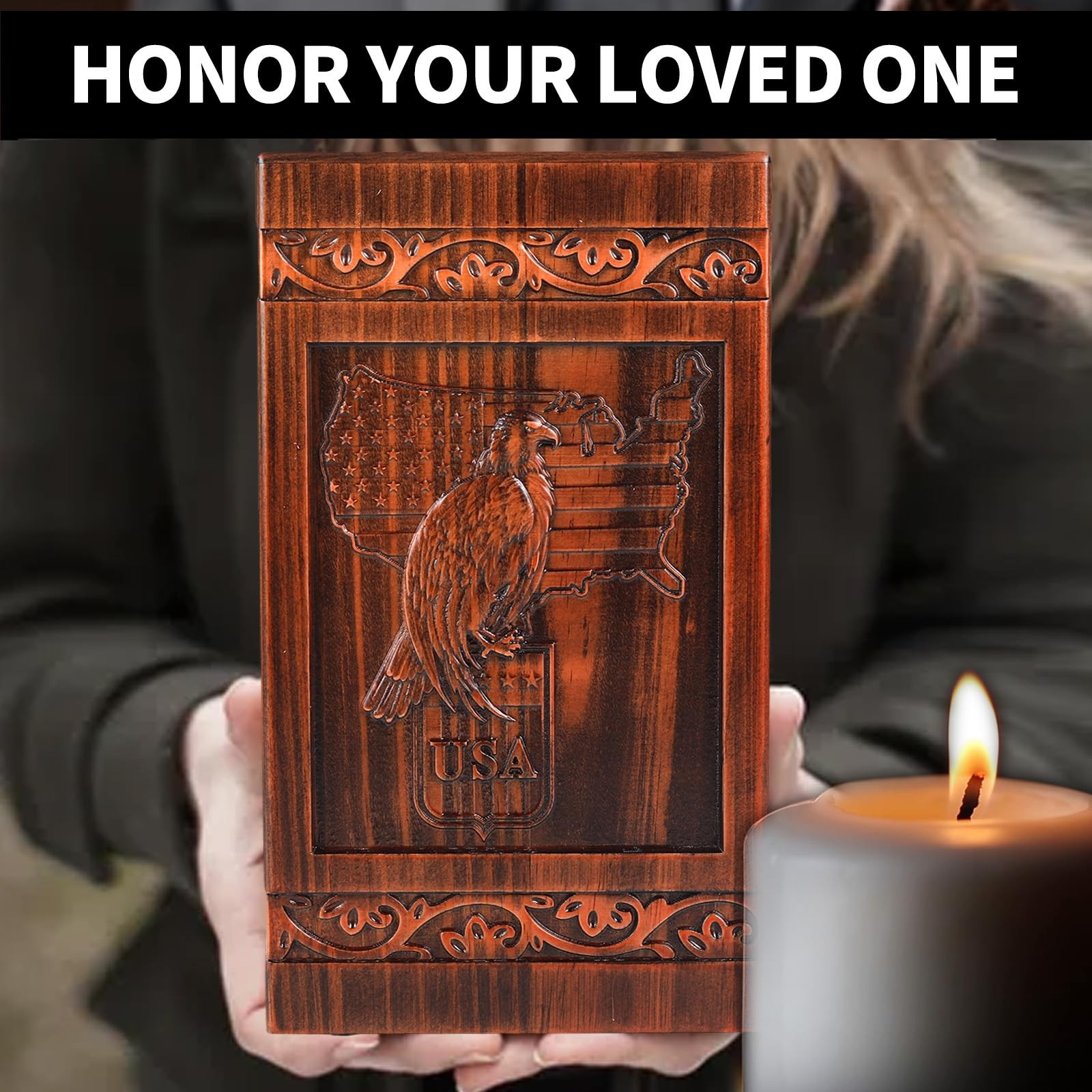 Eagle and American Flag Wooden Urn for Human Ashes Adult – Full Size 300 Cubi…
