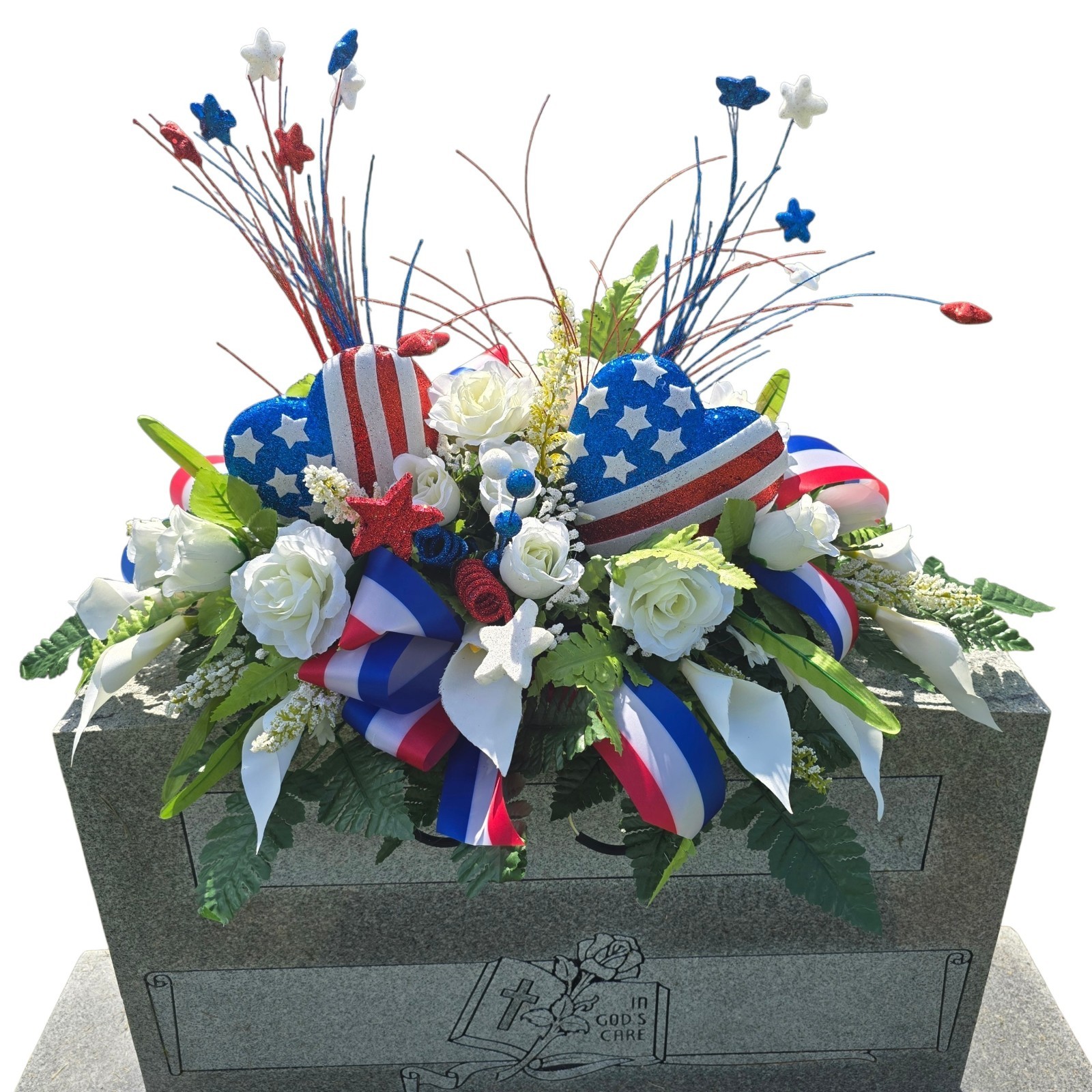 Patriotic Cemetery Headstone saddle RWB with Red,white, And Blue HEARTS