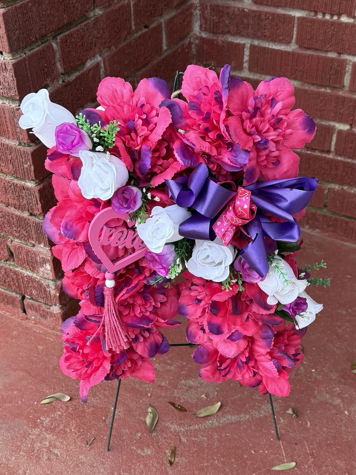 Cemetery Memorial Angel Wing Silk Flower Arrangement Purple-Pink & White