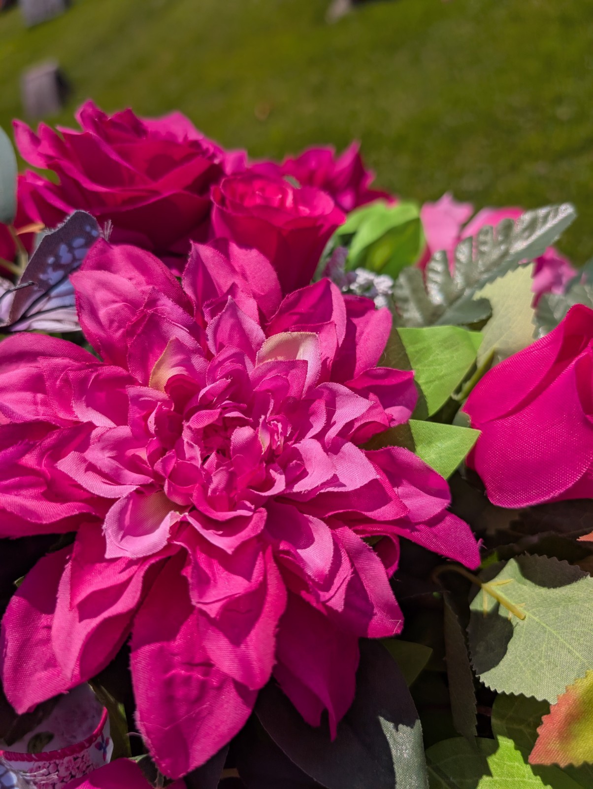 Hot Pink Cemetery Saddle, Memorial Flowers for Grave, Floral Headstone Saddle