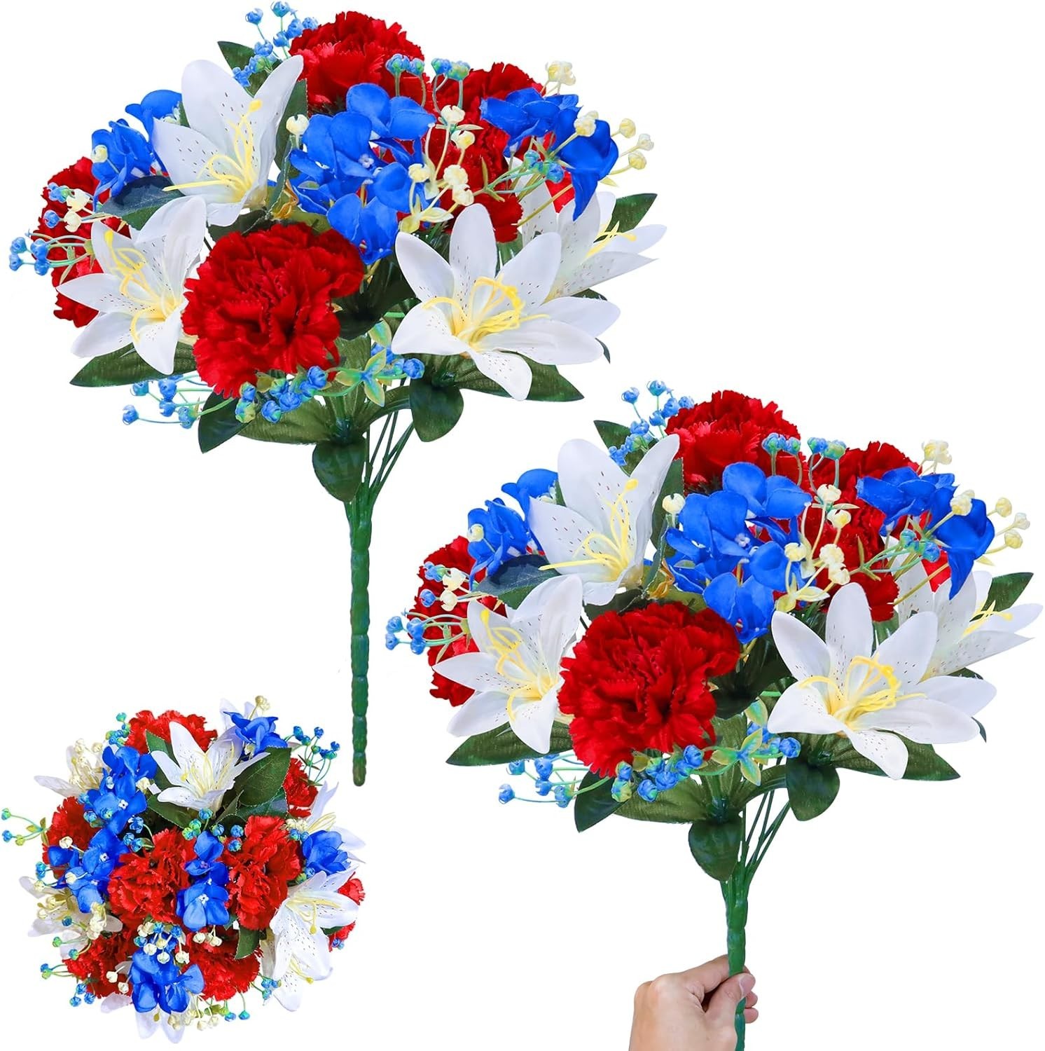 22 Heads Cemetery Flowers for Grave, 2 Bunches Artificial Flowers Patriotic Memo