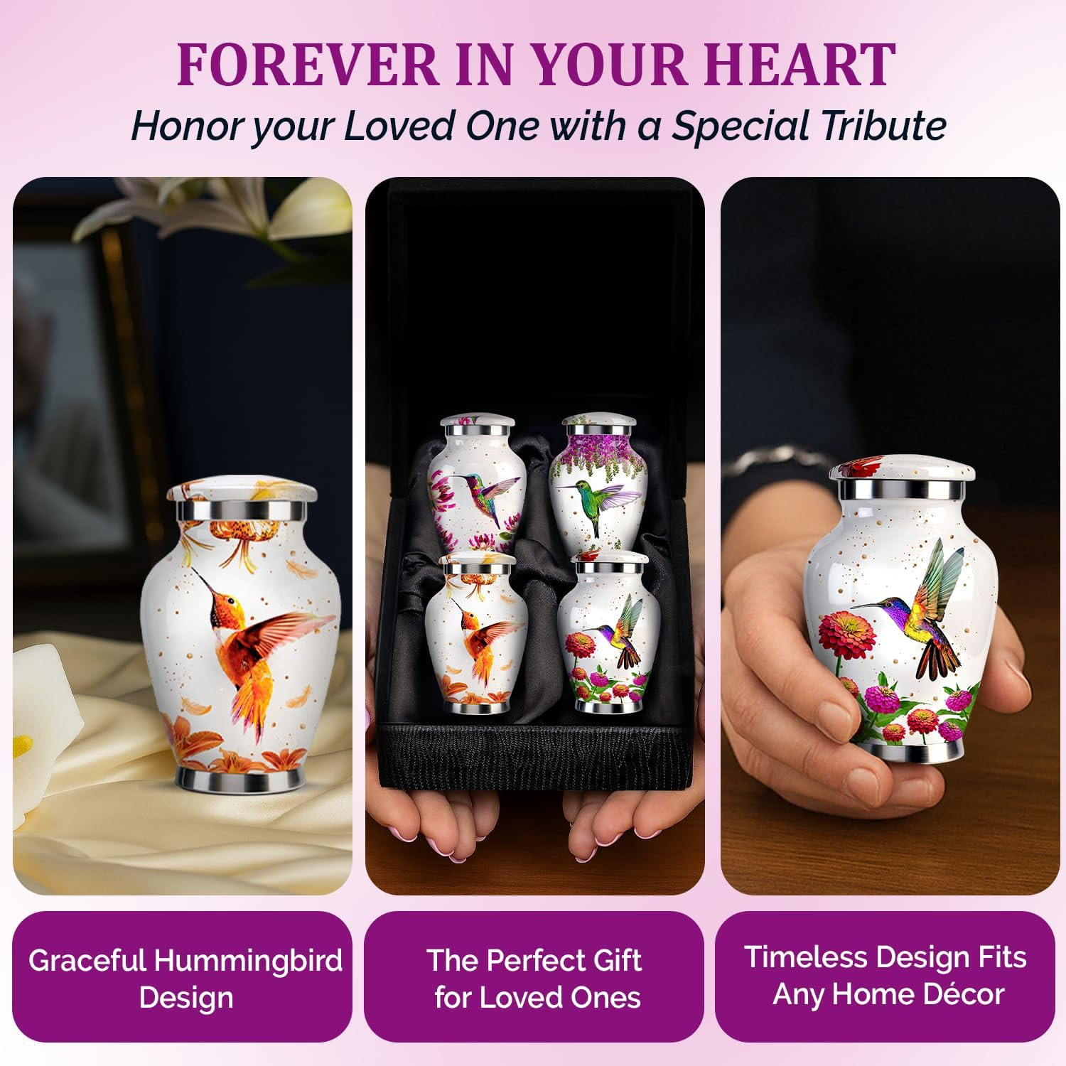 Small Urns for Human Ashes Set of 4 – Hummingbird Urns for Male & Female – Mini