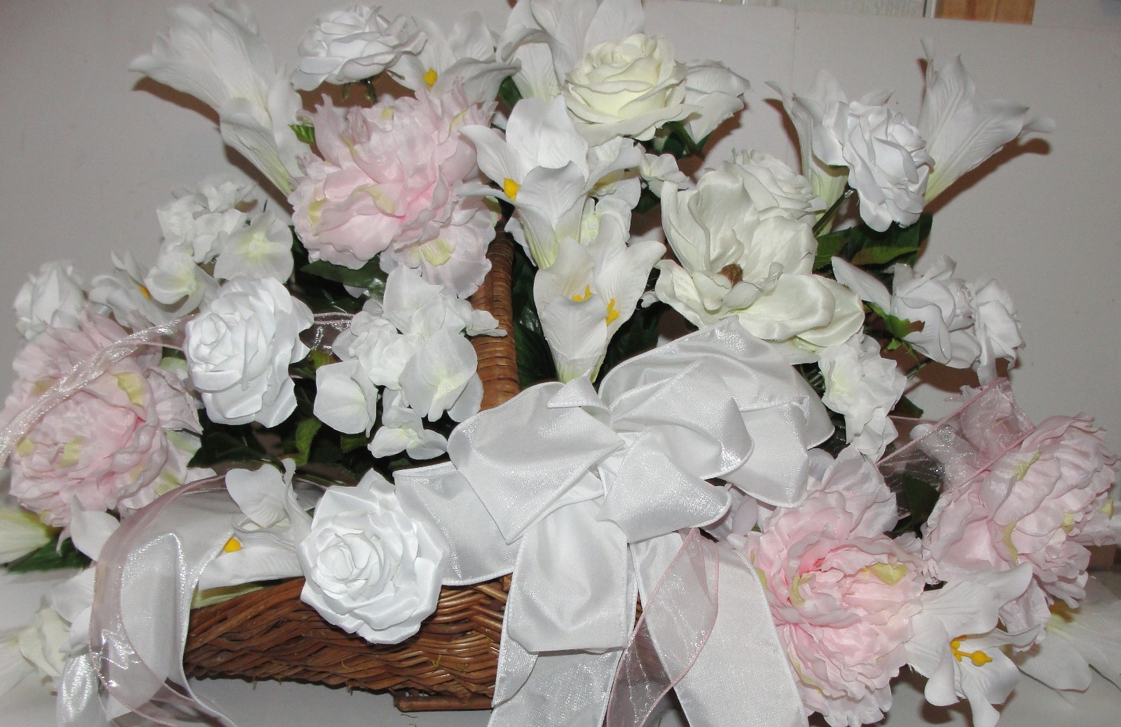 Funeral Fireside Basket Roses Baby Soft Pink Peony Memorial Sympathy Silk Flower