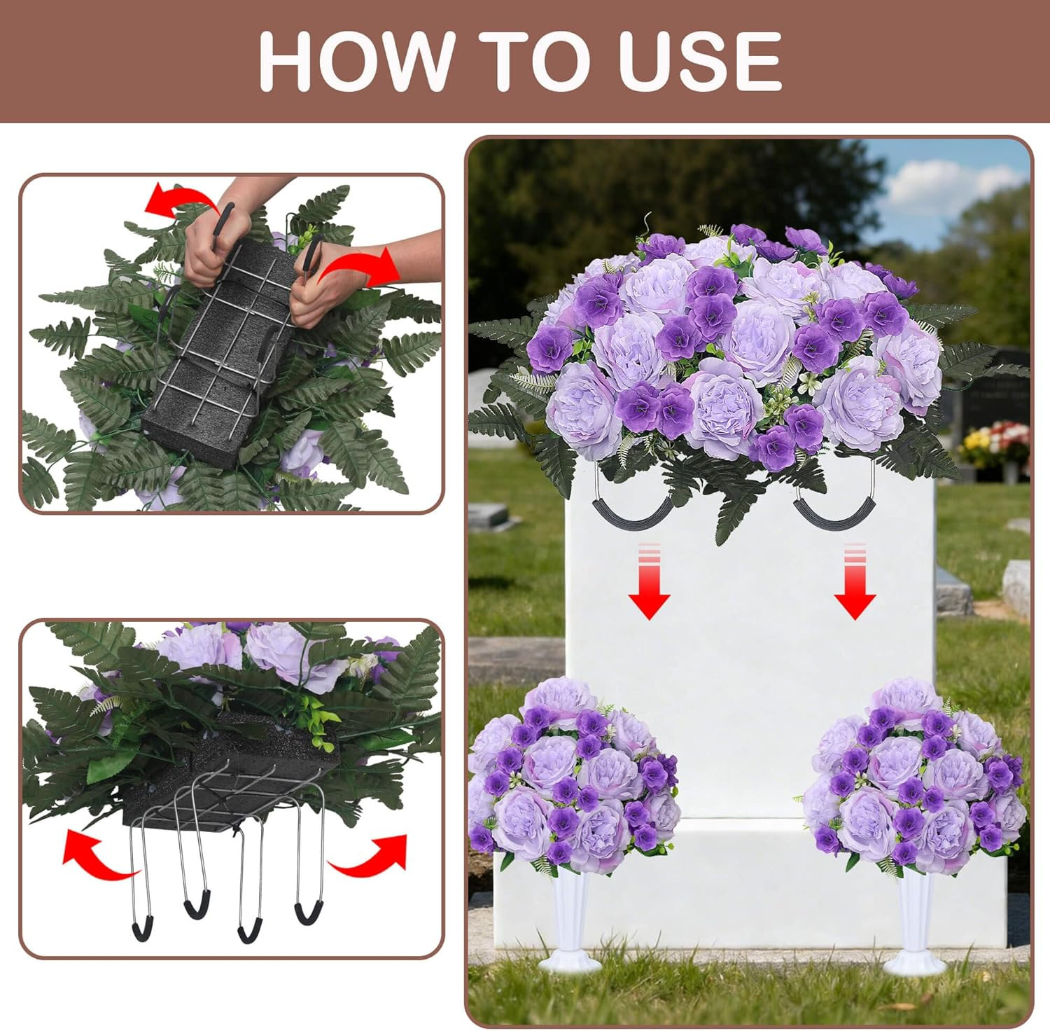 Grave Decorations for Cemetery Headstone Flower Saddle 2PC Artificial Peony Flow