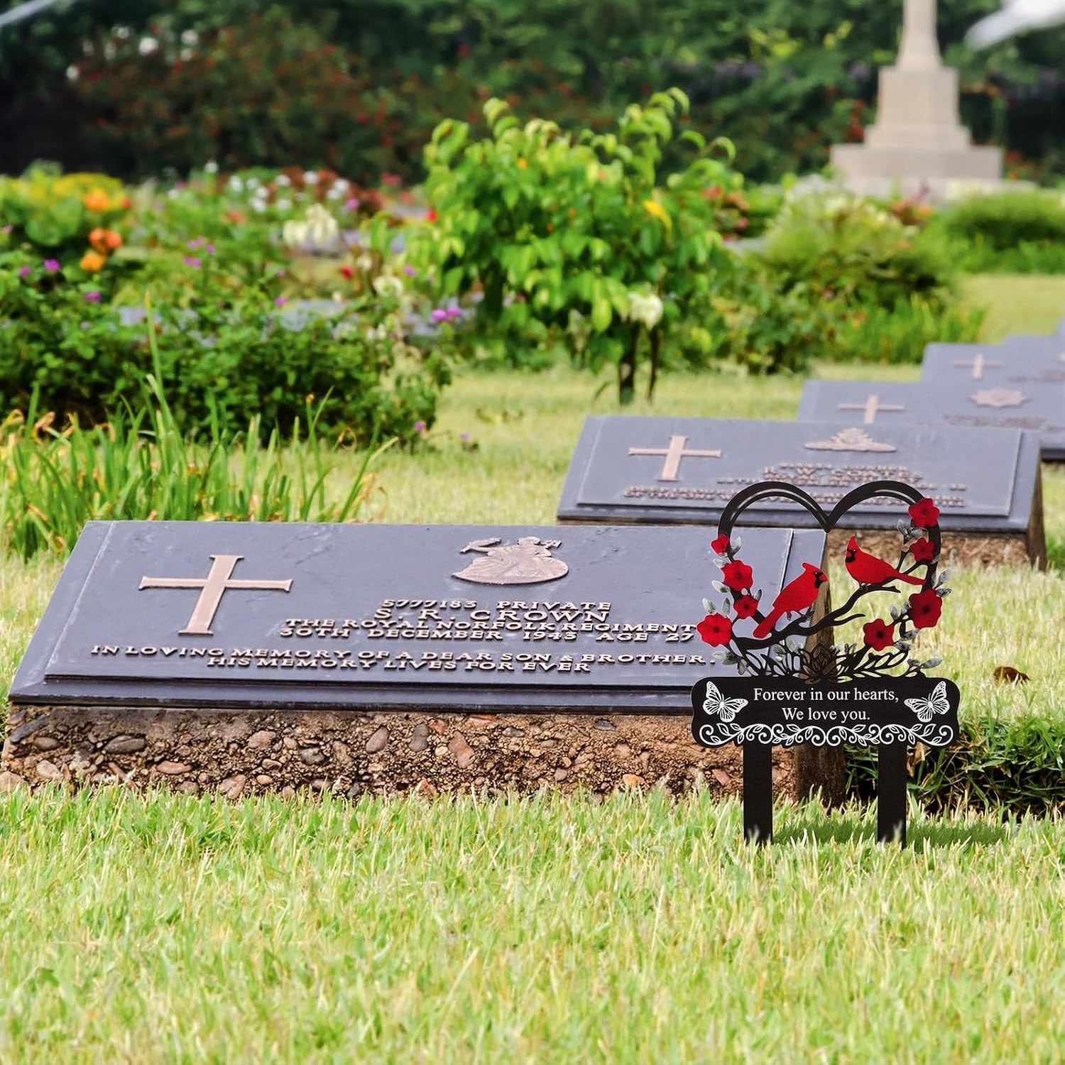 Elegant Metal Grave Marker with Red Cardinals – Forever in Our Hearts Decor