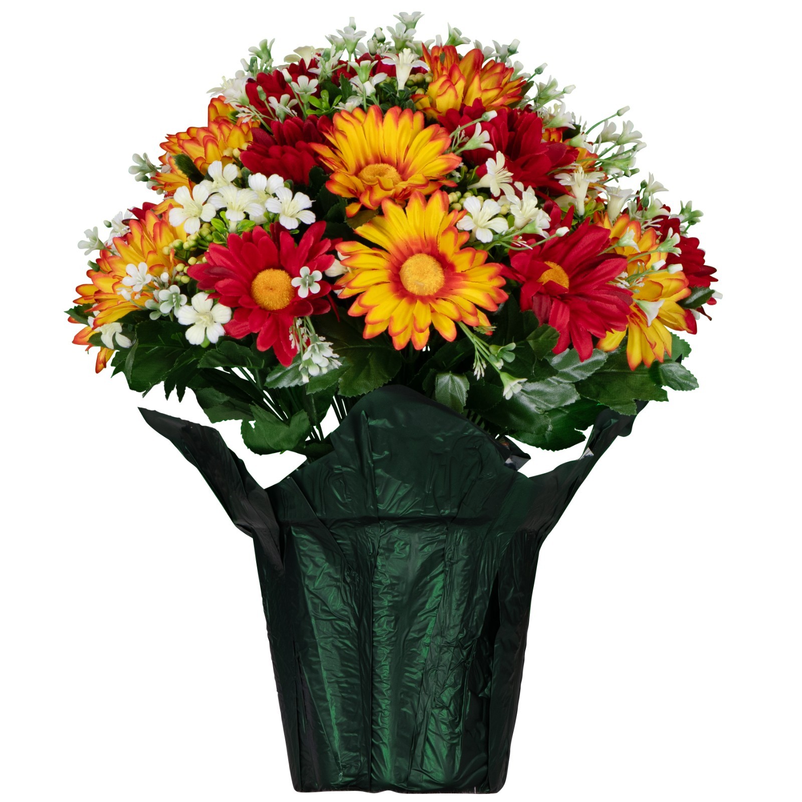 Artificial Flowers in a Weighted Flower Pot – Red and Orange Daisies