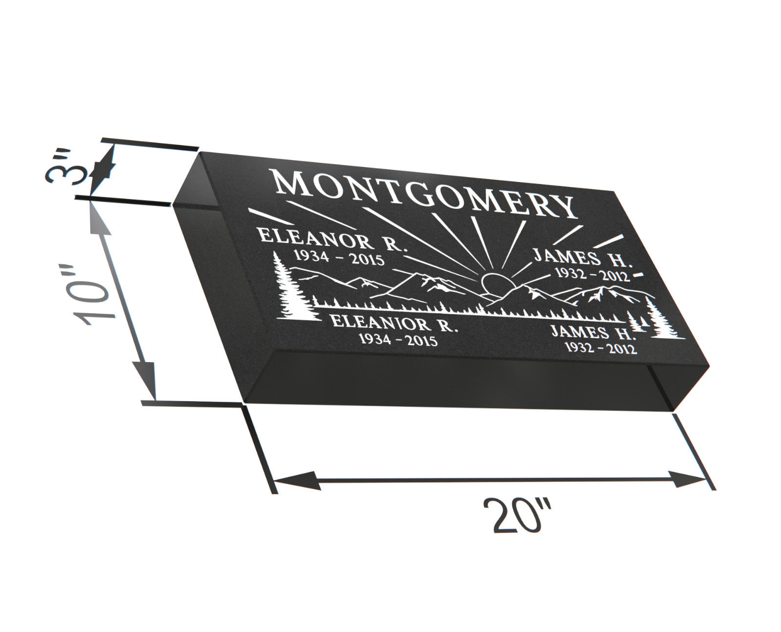 20x10x3 Black Granite Flat Grave Marker – Personalized Double Headstone