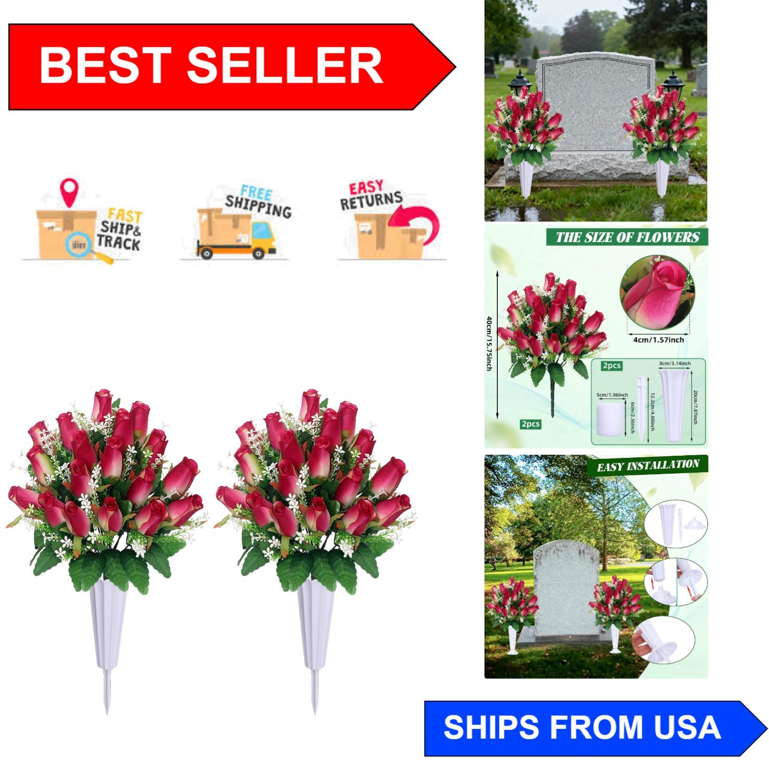 Forever Blooming Pink Rose Grave Decorations – Durable Outdoor Floral Set