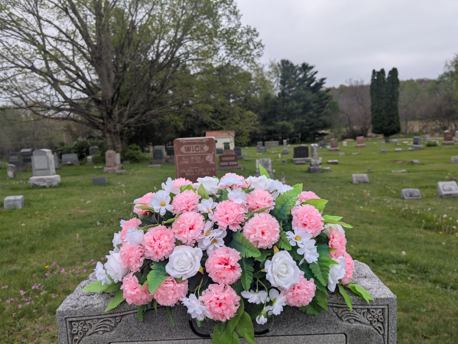 Pink White Cemetery Saddle- Spring Memorial Arrangement -Mother’s Day Flowers