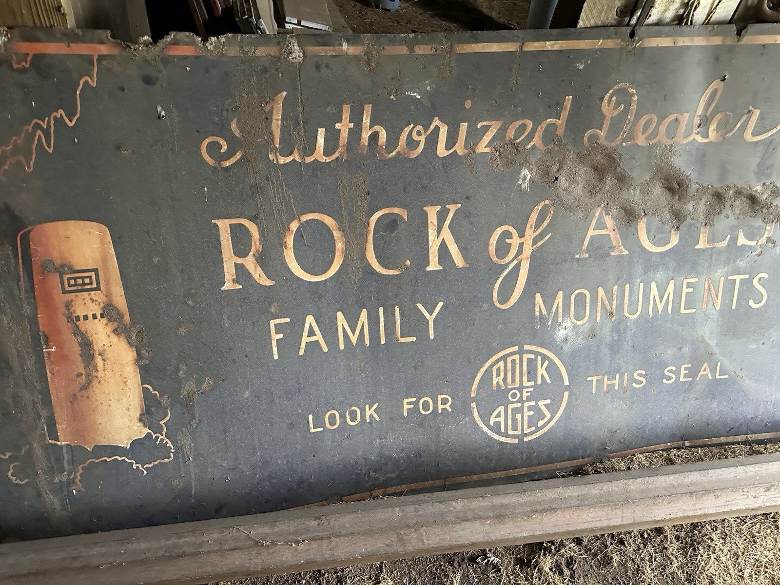 LARGE Vintage ROCK OF AGES FAMILY MONUMENTS Porcelain Sign Cemetery Grave Stones