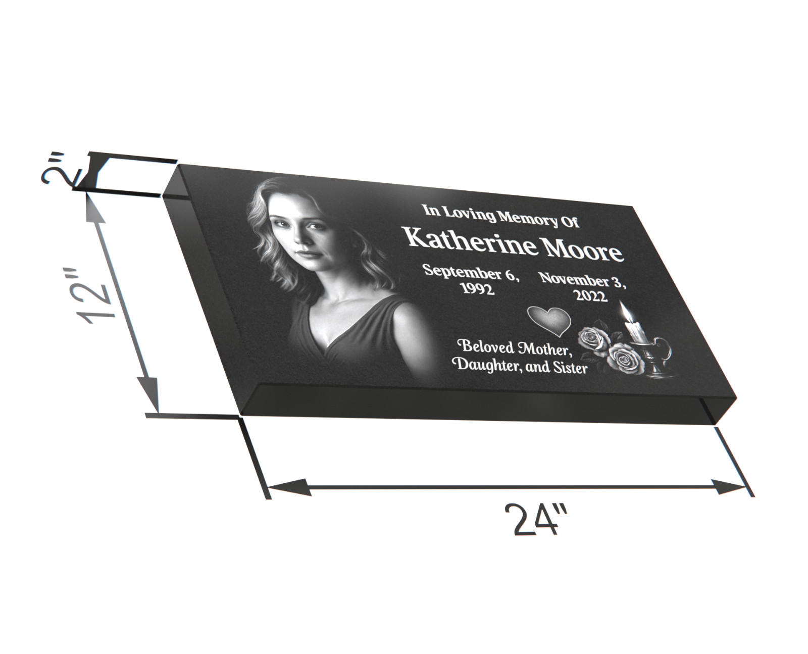 Custom 24x12x2 Black Granite Flat Marker – Personalized Photo Memorial Headstone