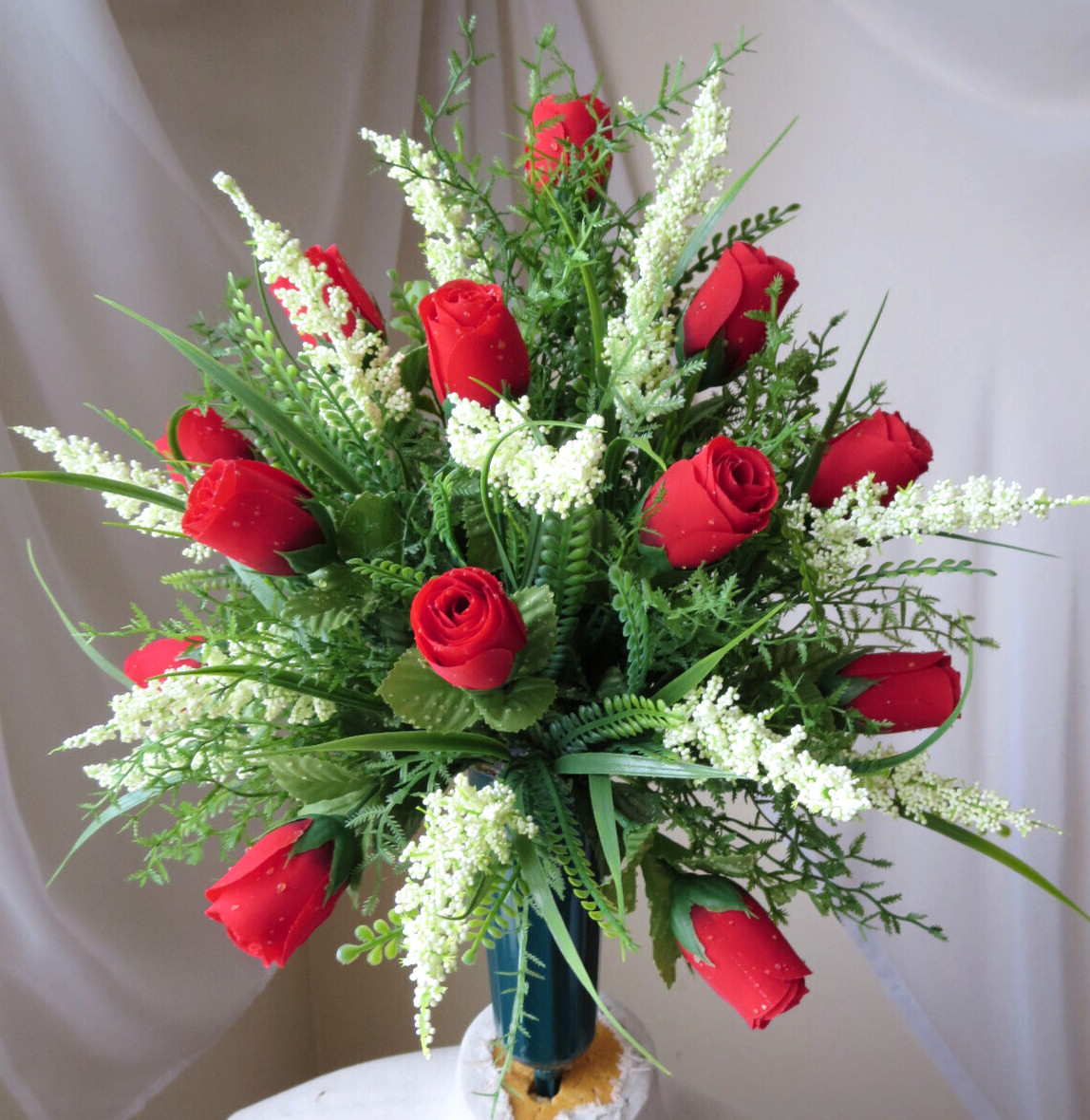 MEMORIAL CEMETERY GREEN VASE ARTIFITIAL FLORAL ARRANGEMENT 18″x 14″ NEW