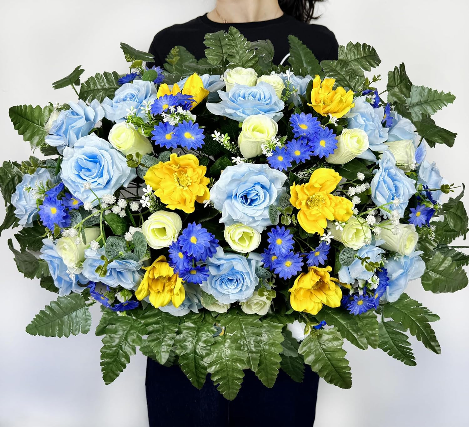 Silk Flower Saddle for Grave Decor – Blue & White Memorial Bouquet