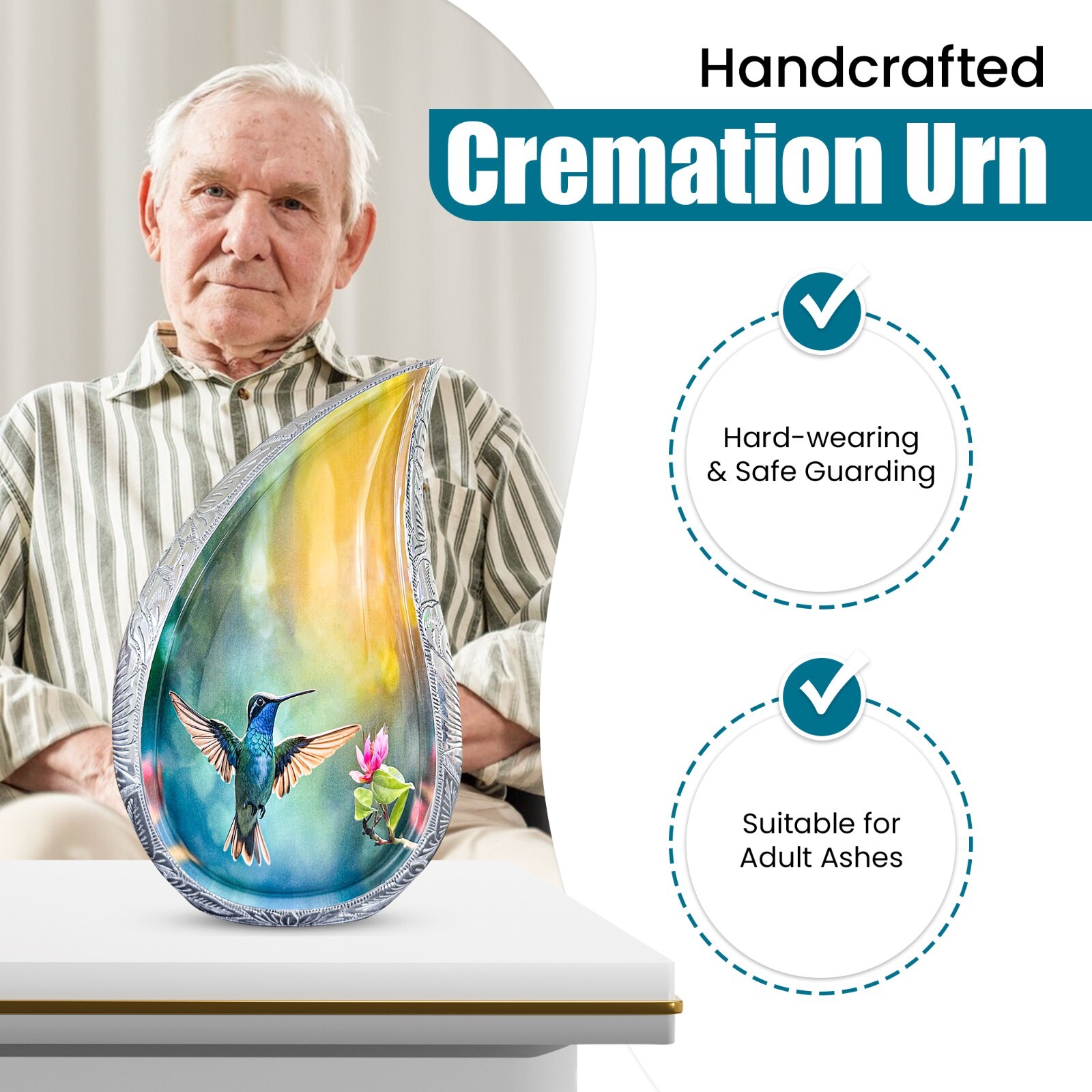 TOSENG Memorials Teardrop Urn for Ashes – Large Blue Hummingbird Cremation Urn