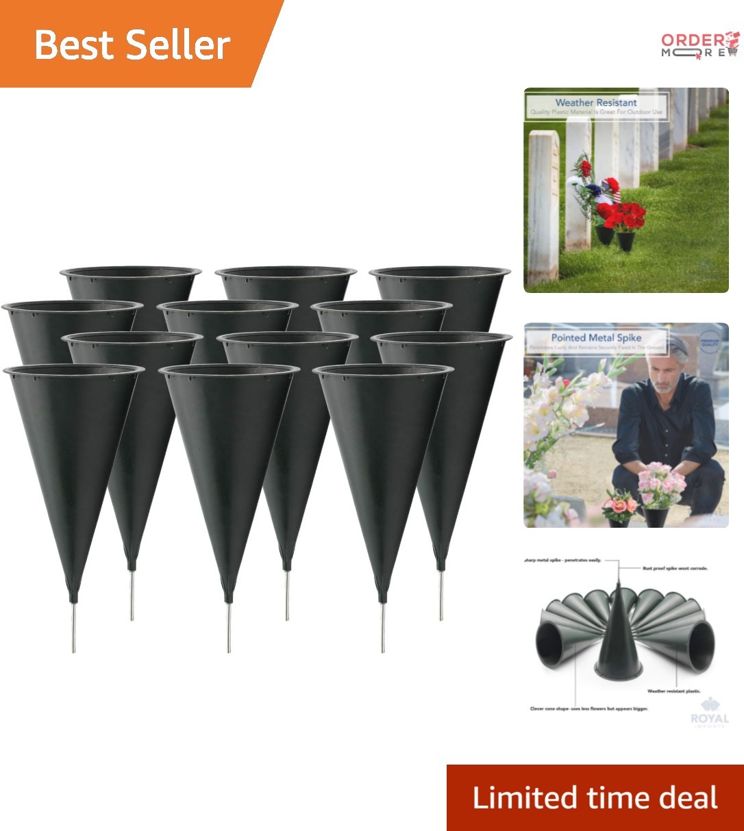 Cemetery Vases Plastic Medium Set of 12 Outdoor Flower Holders Ground Stakes