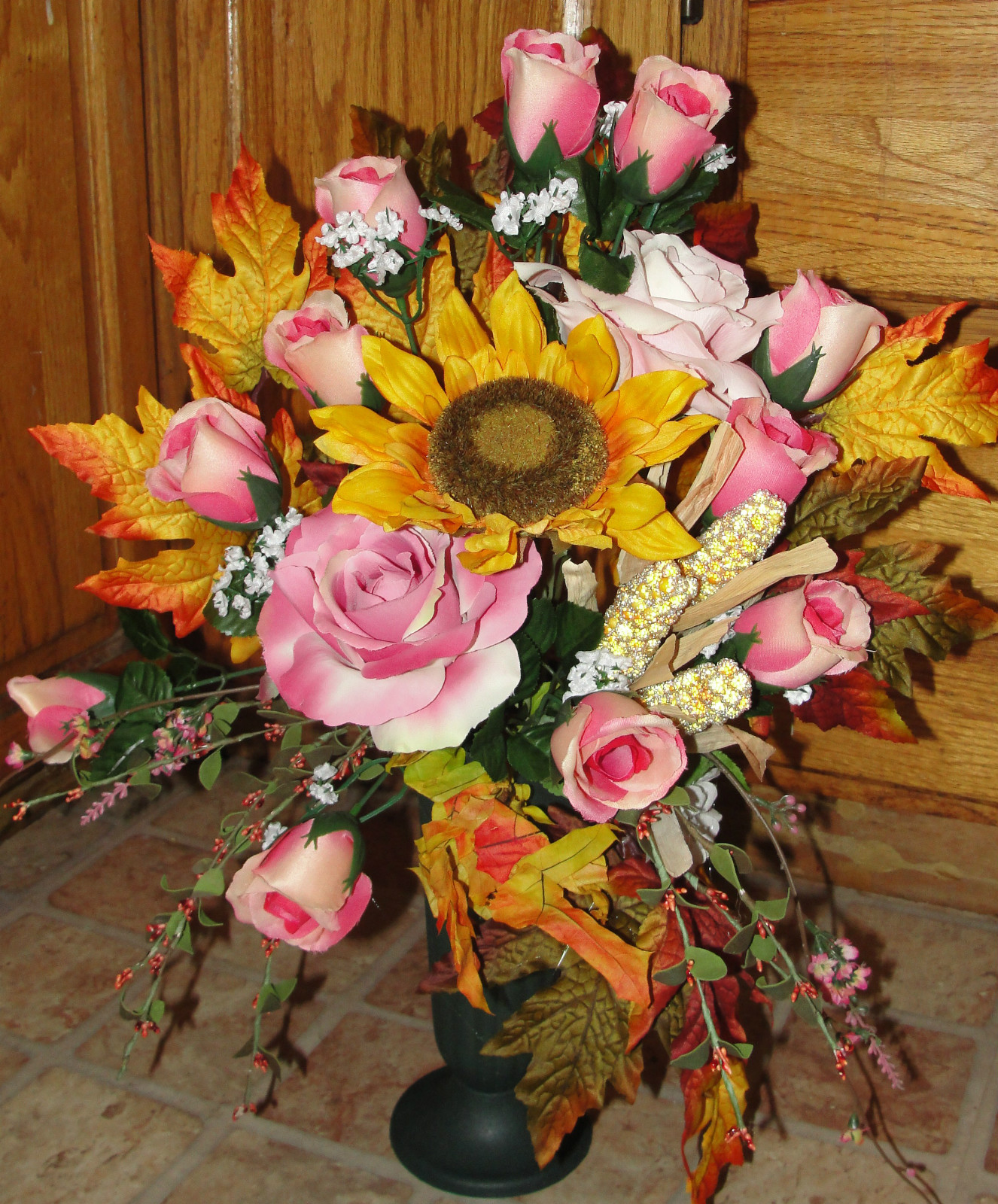 Mothers Day Fall Grave Cemetery Yellow Sunflower Pink Roses Urn Arrangement