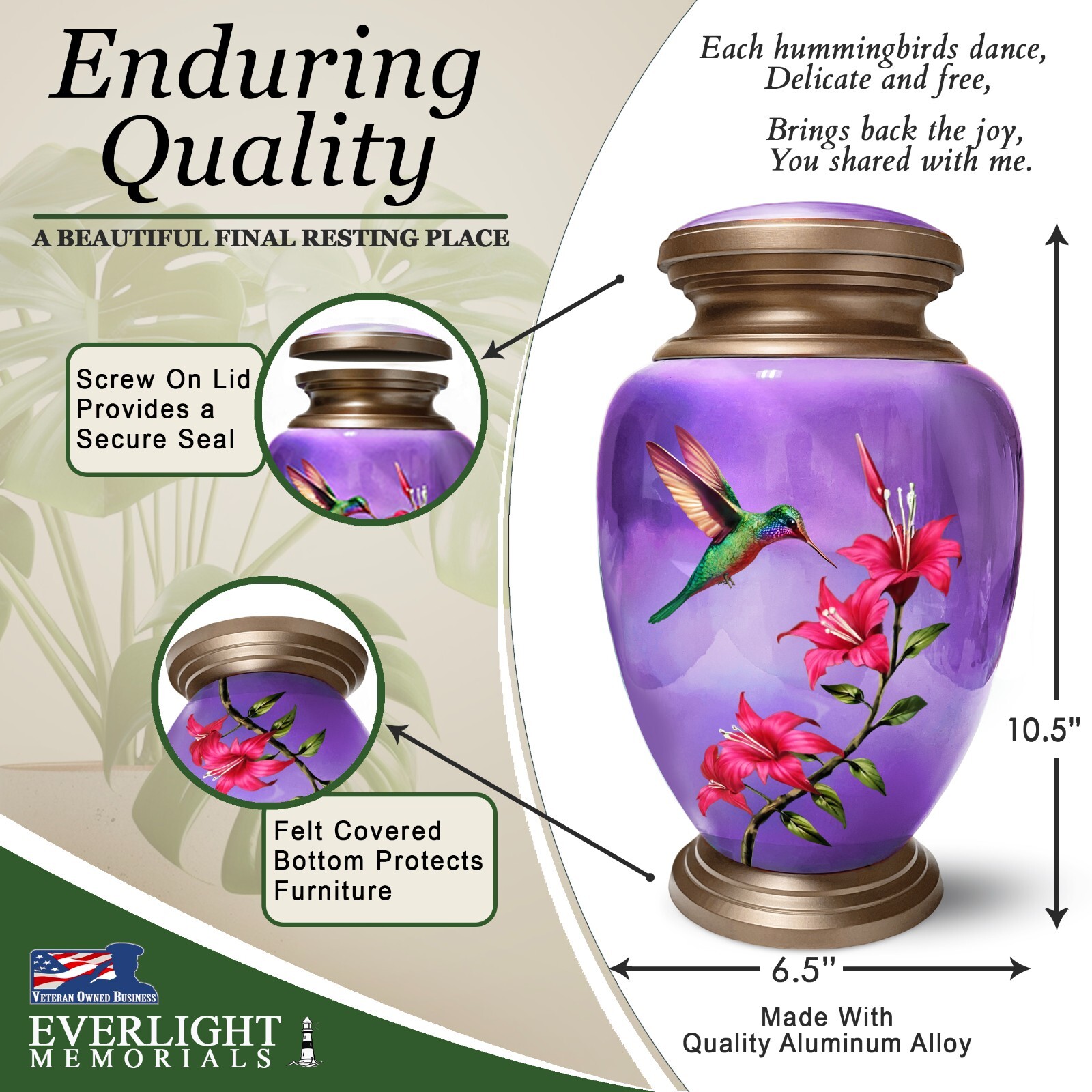 Hummingbird Purple Adult Cremation Urn for Human Ashes, Large with Velvet Bag