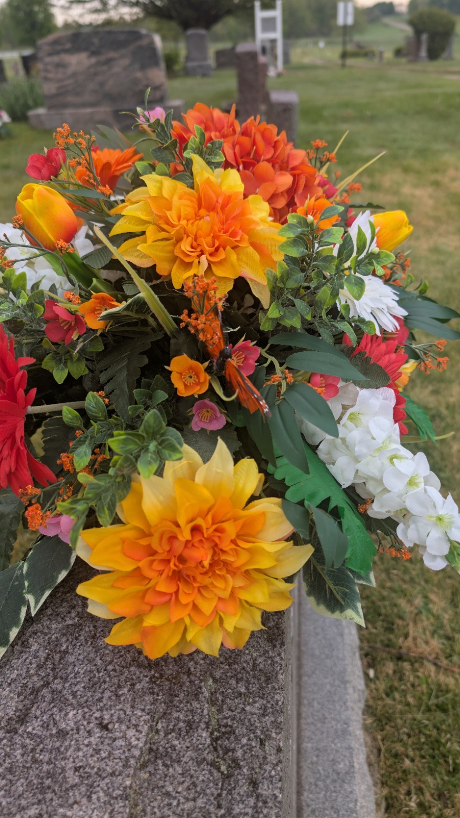 Orange Yellow Summer Grave Saddle, Butterfly Flower Arrangement
