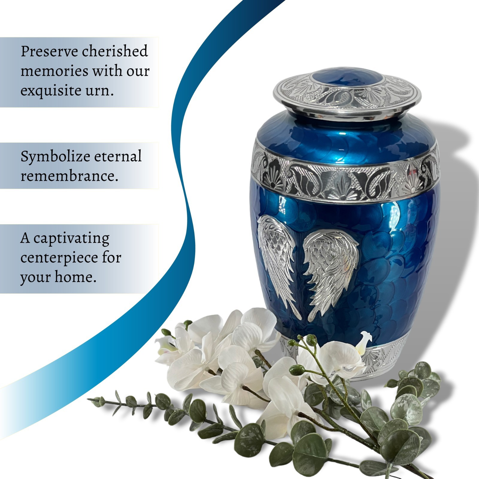 Navy Blue Angel Wings Cremation Urn: Large Memorial Urn for Ashes (200 Lbs)