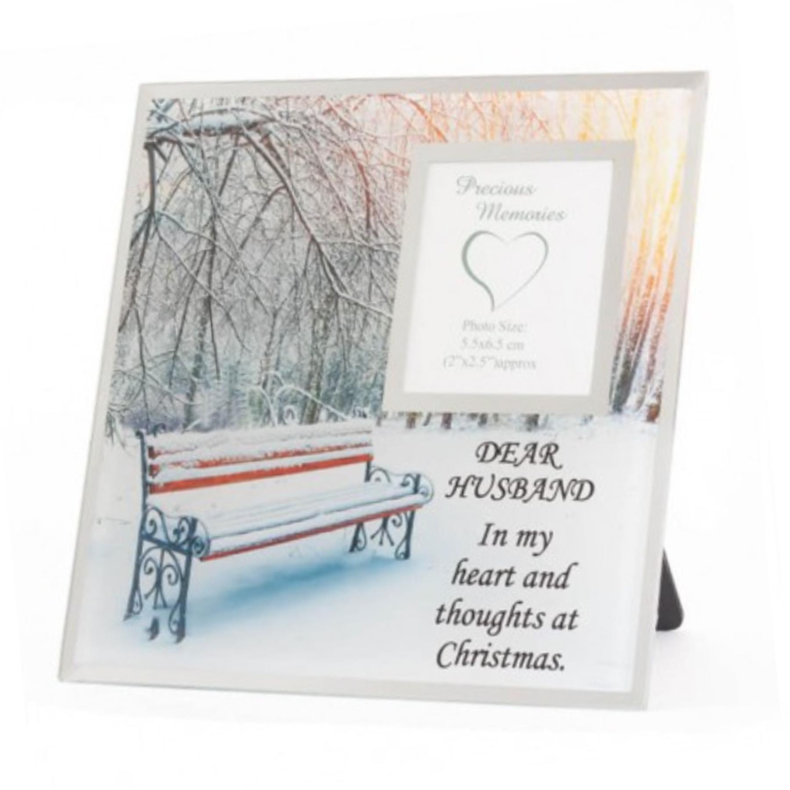 Memorial Glass Photo Frame Christmas Snowy Bench with Wording – Husband