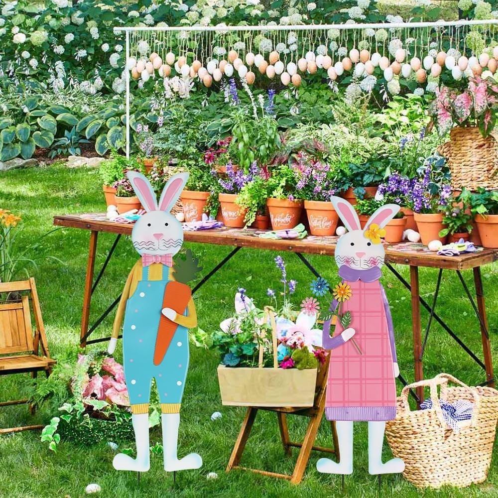 Easter Decorations Outdoor, Set of 2 Metal Bunny Decorative Garden Stakes for…