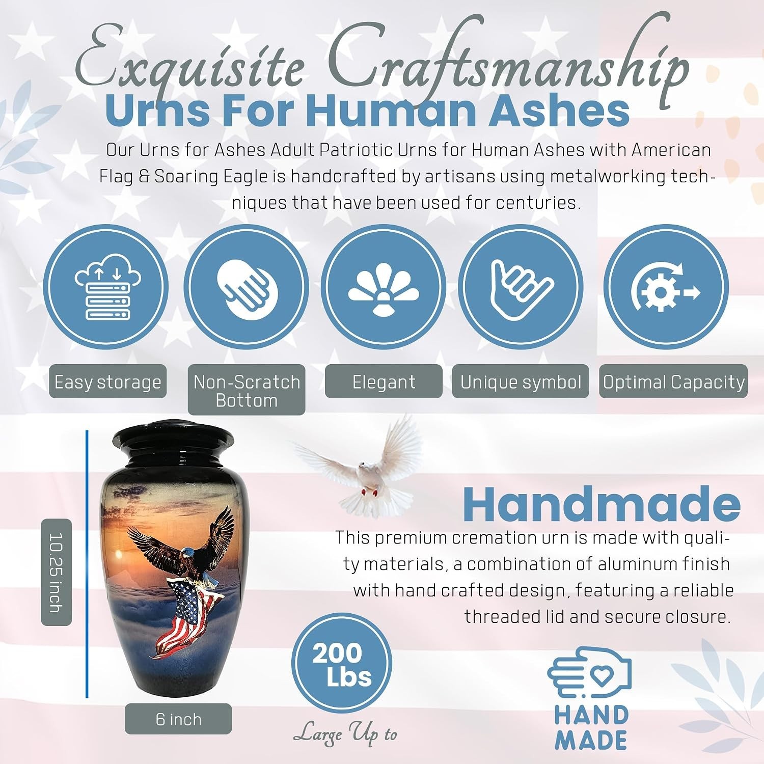 Elegant Large Metal Cremation Urn with American Flag Design – Holds 200 lbs