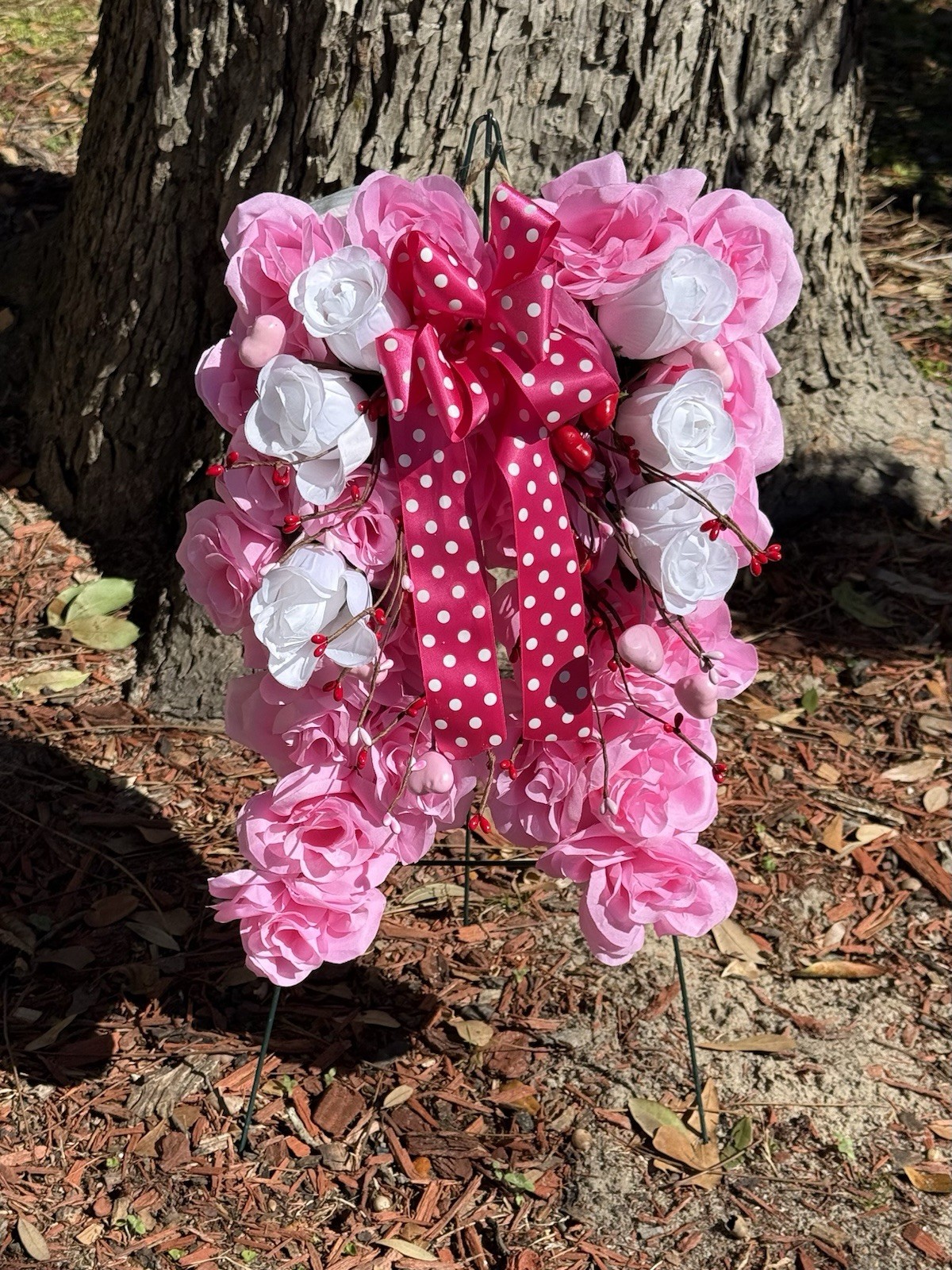 Cemetery Memorial Angel Wing Silk Flower Arrangement Pink & White