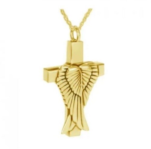 Wings on Cross 24k Gold Plated Sterling Silver Cremation Urn Pendant w/Chain
