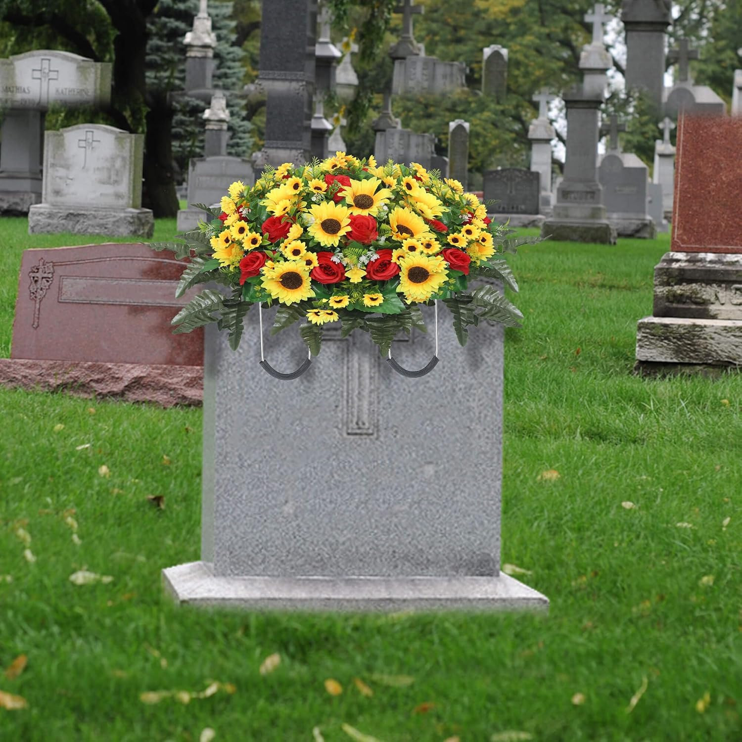 Artificial Cemetery Flowers for Grave,Headstone Flower Saddle Silk Sunflowers Gr