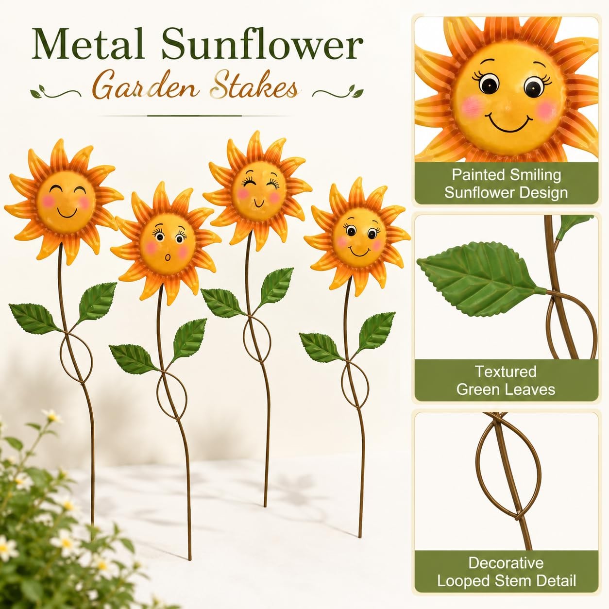 4 Pack Smiley Sunflower Decorative Garden Stakes, 20.5 Inch Metal Flower Gard…