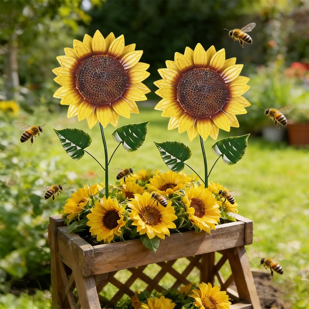 hogardeck Garden Decor for Outside, 2 Pack Sunflower Decorative Garden Stakes…